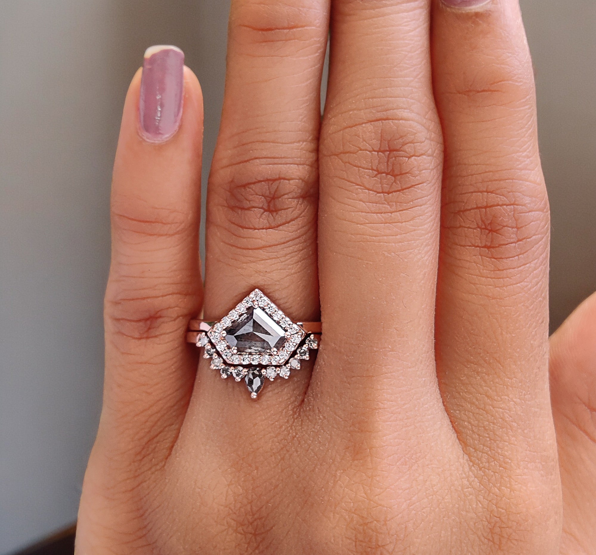 Shield Cut Salt And Pepper Diamond Ring 1.17 Ct 6.05 MM Shield Diamond Ring 14K Solid Rose Gold Silver Engagement Ring Gift For Her QL285