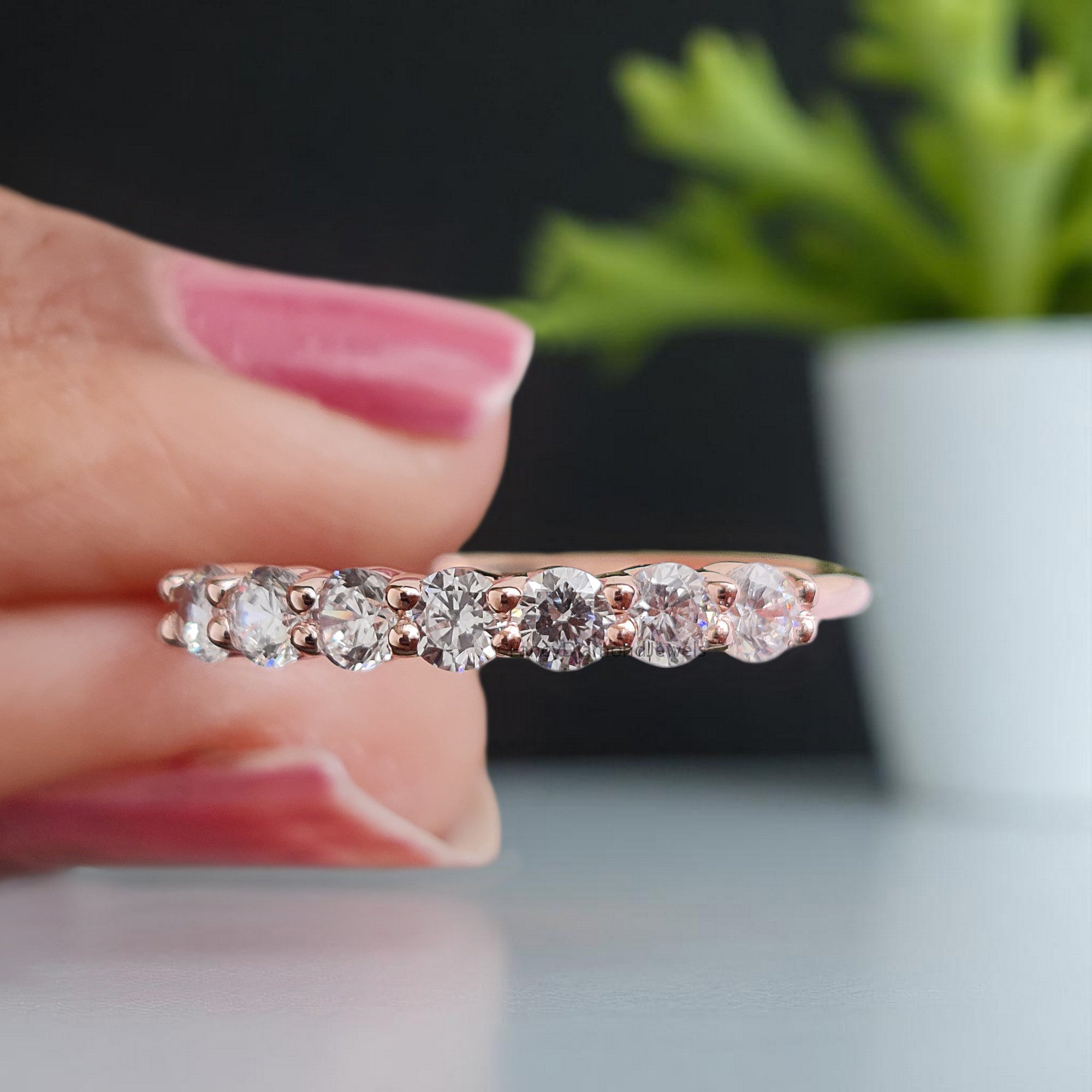 2.50 MM Seven Moissanite Diamond Wedding Band Half Eternity Minimalist Ring stacking dainty matching Silver/10K/14K/18K Gold Band KD897