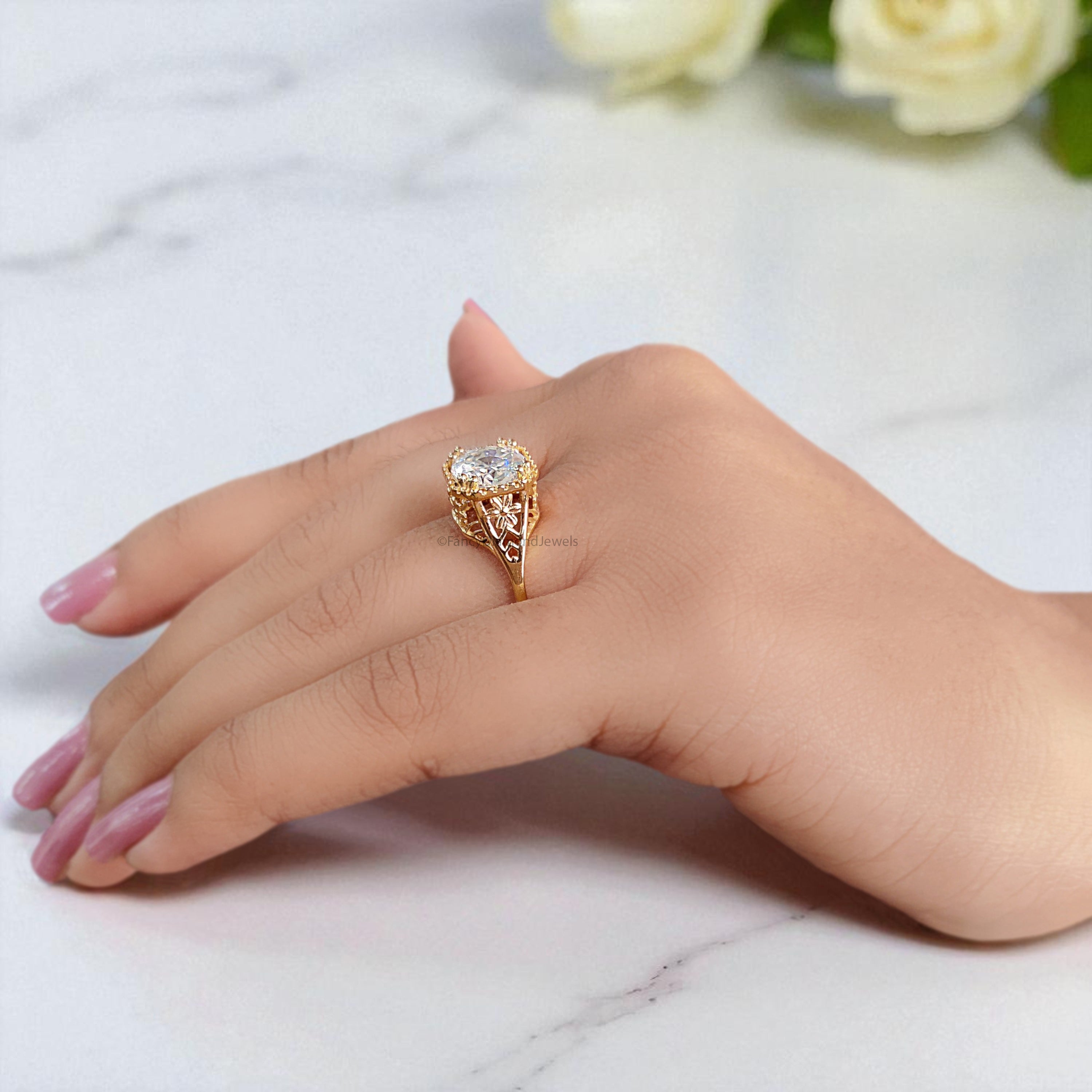 Art Deco Ring 1.80 CT Round Old European Cut Colorless Moissanite Ring OEC Ring Engagement Ring Wedding Ring Bridal Set 14KT Gold FD121