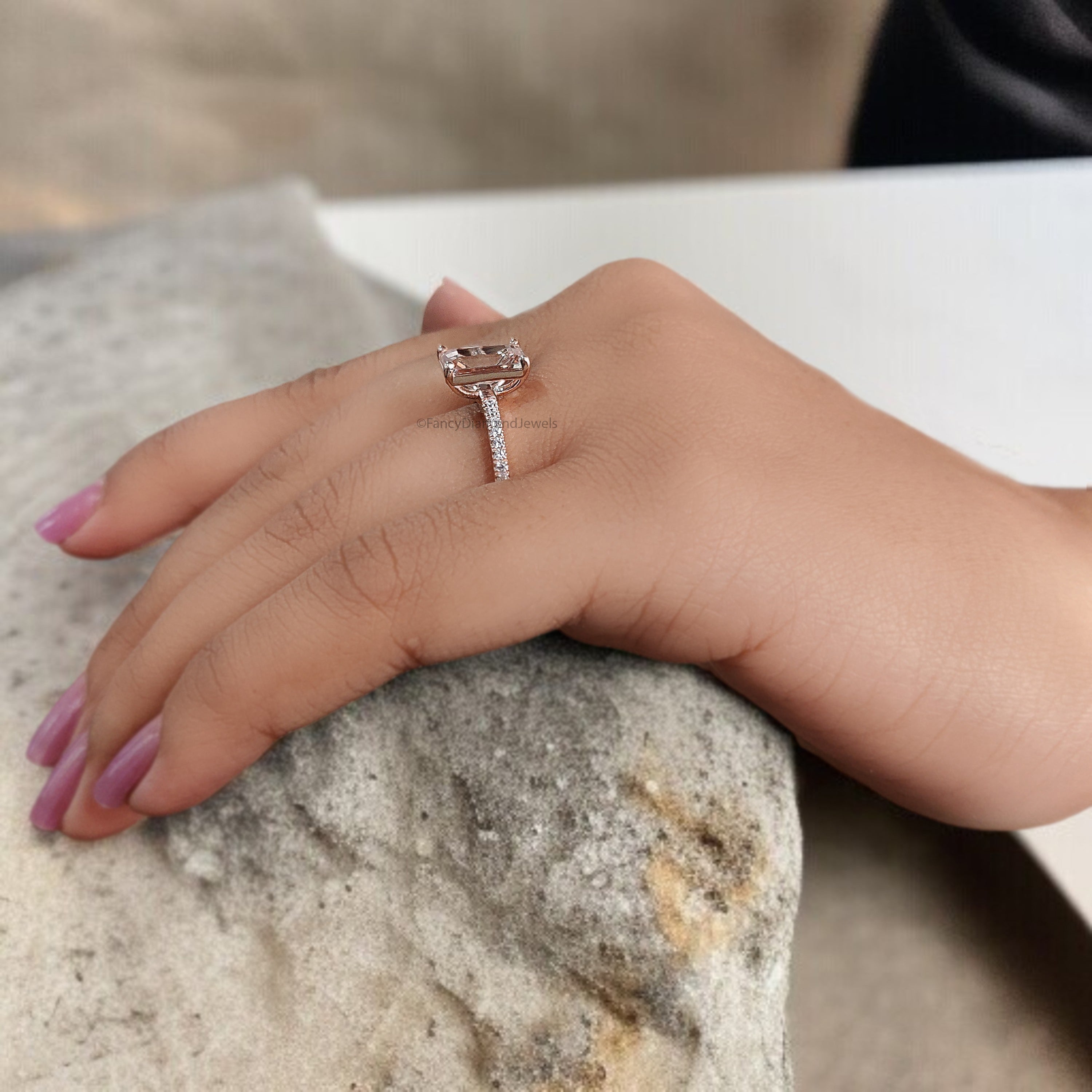 1.70 CT Emerald Cut Natural Morganite Engagement Ring Rose Gold Ring Emerald Diamond Wedding Ring Unique Vintage Ring Gift For Her FD420