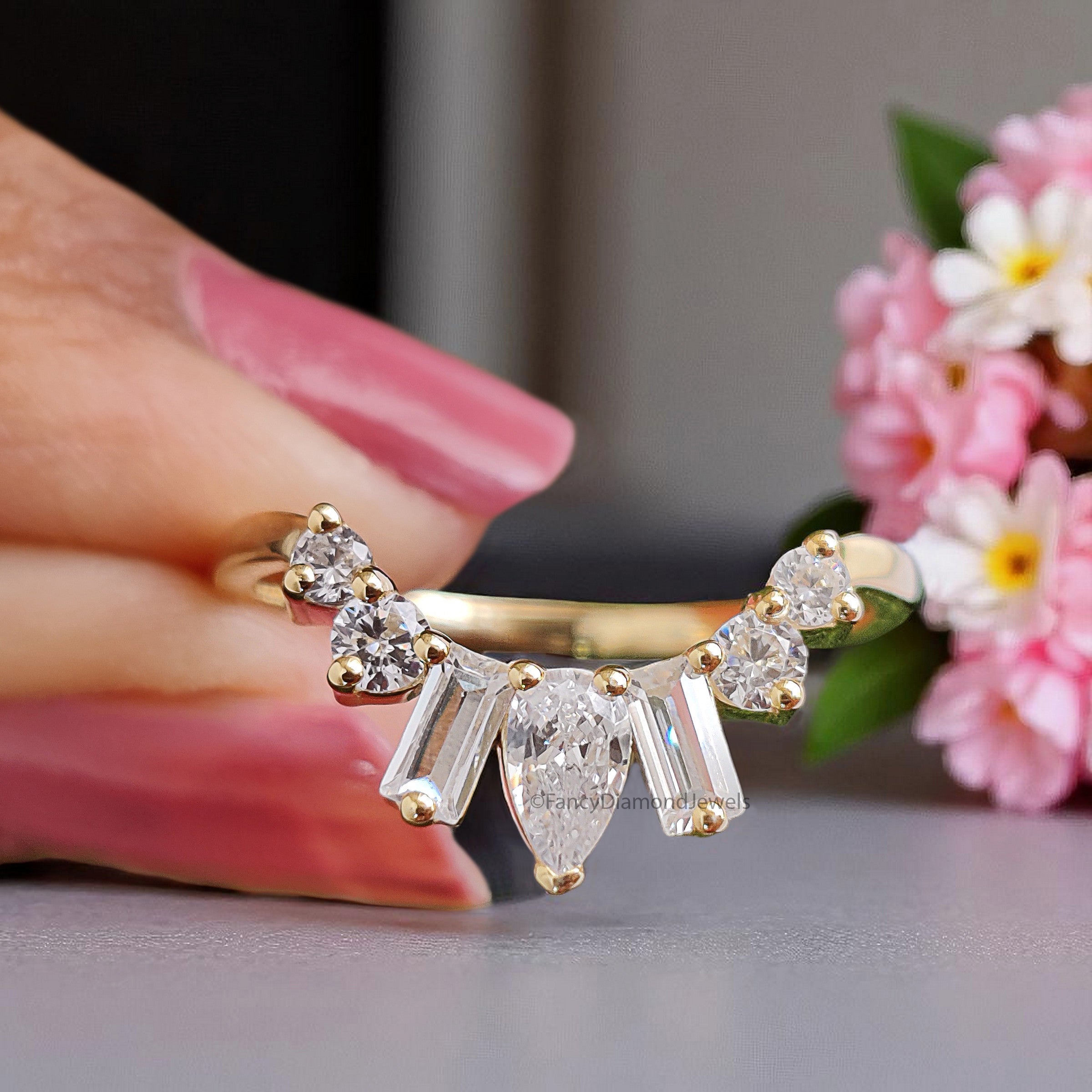 Natural White Diamond Curved Wedding Band 0.57 TW Silver/10K/14K/18K Gold Band Minimalist stacking dainty matching Band Gift For Her FD378