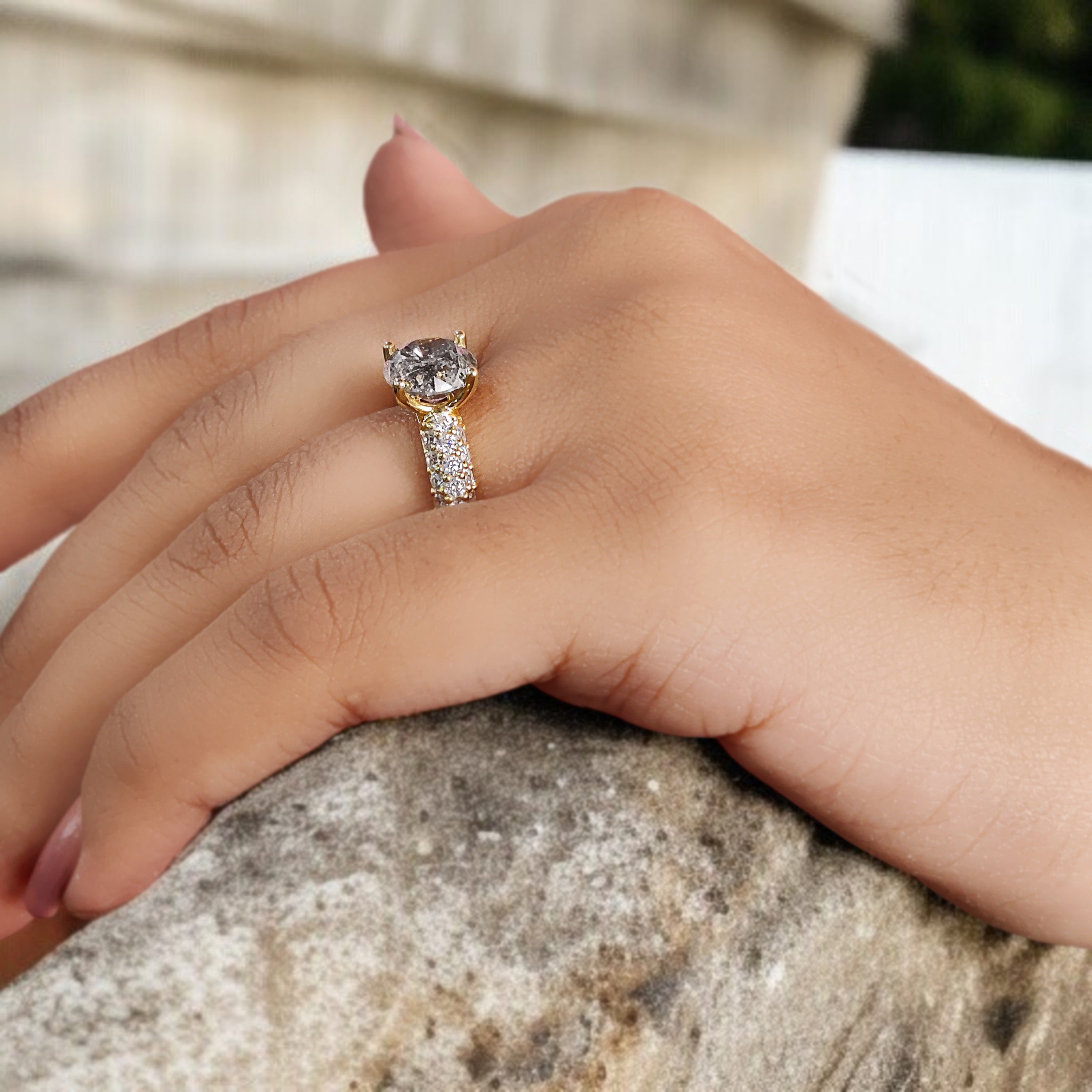 Round Cut Salt And Pepper Diamond Ring 2.35 CT 8.25 MM Round Shape Diamond Wedding Ring Pave Set Ring Engagement Ring Gift For Her KDL3324