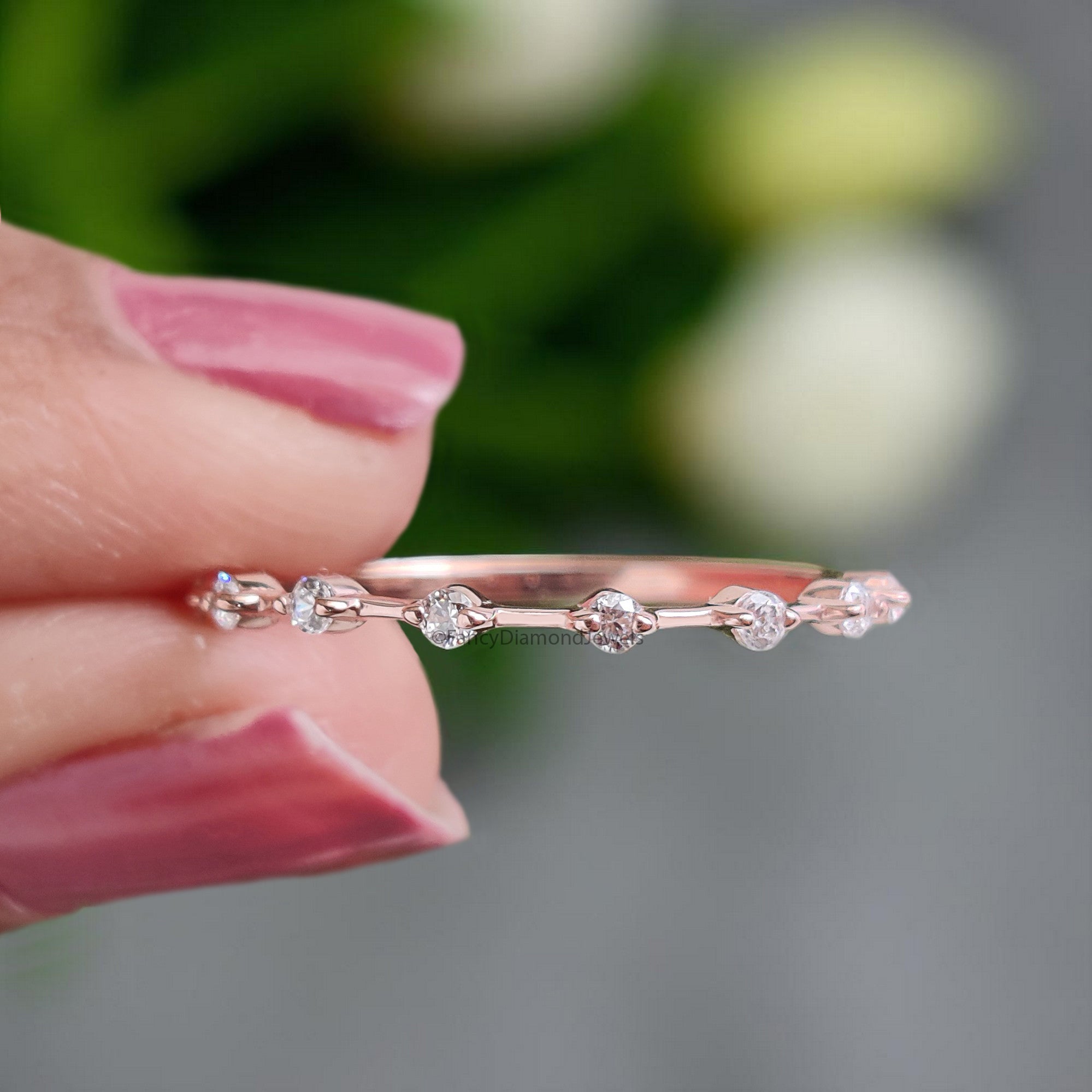 White Round Diamond Wedding Band Half Eternity Minimalist Ring Silver/10K/14K/18K Band stacking dainty matching anniversary ring KD906