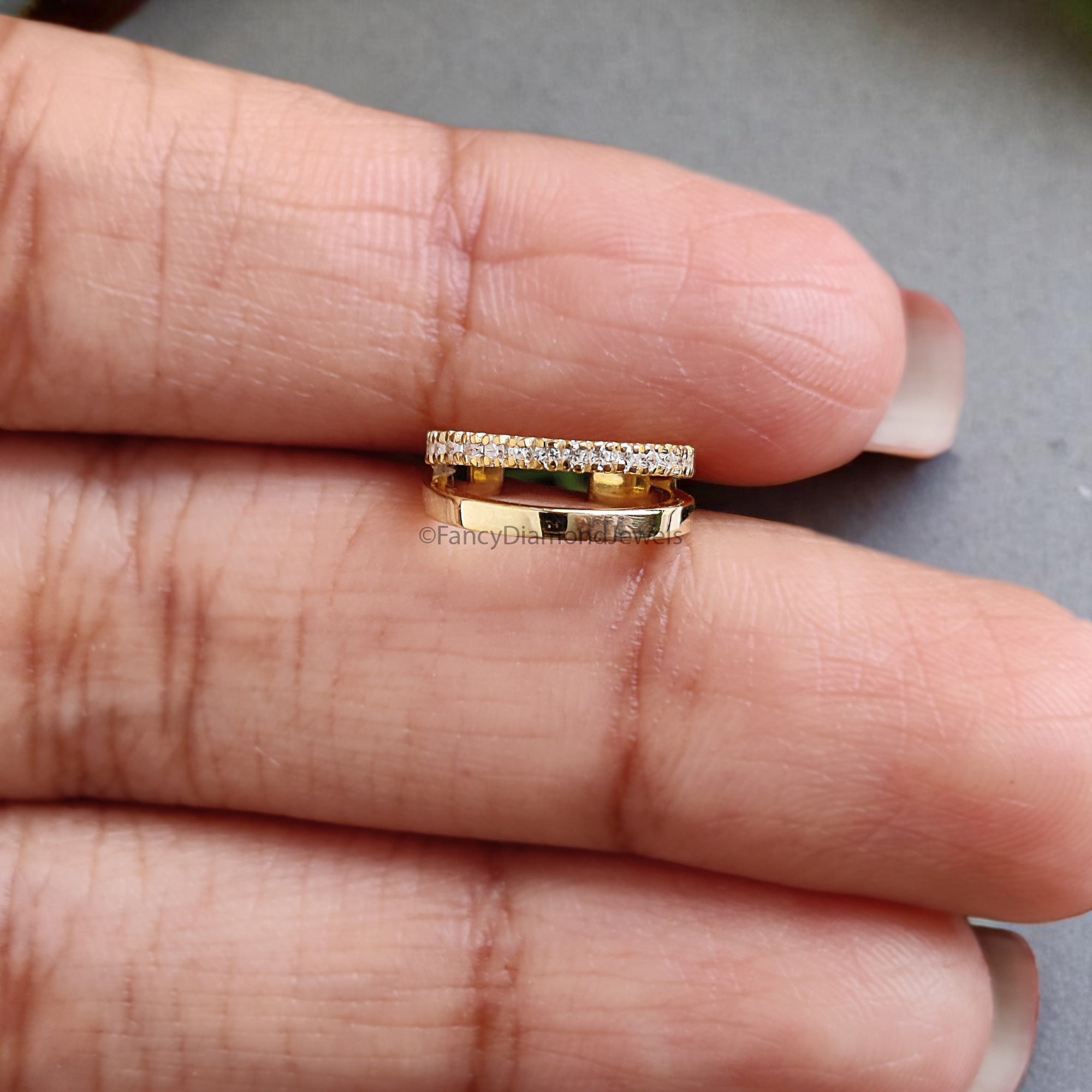 Round Brilliant Cut Colorless Moissanite Diamond Ear Cuff Double Band Ear Cuff Dainty Ear Cuff Yellow Gold Ear Wrap FD347