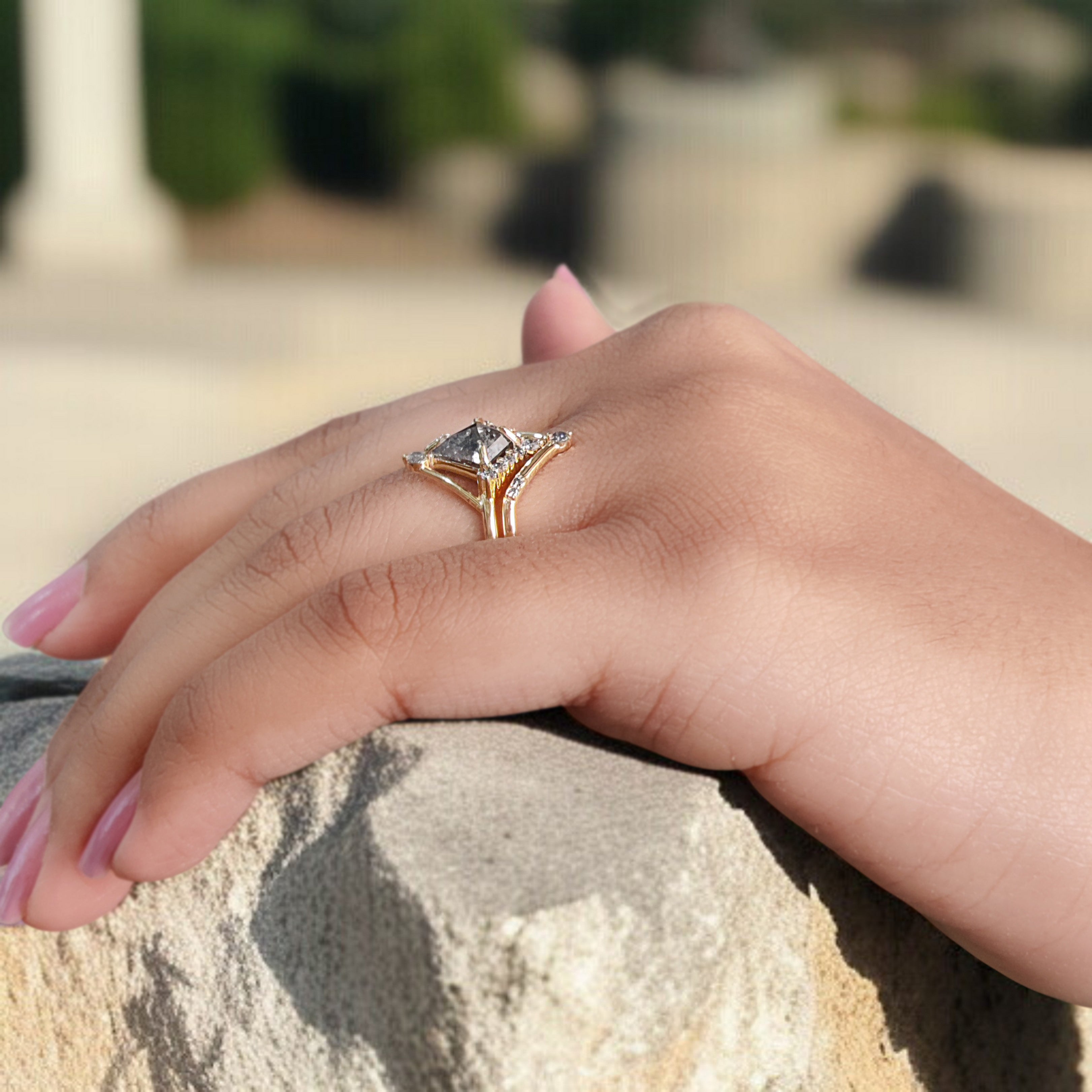 Kite Cut Salt And Pepper Diamond Ring 1.05 CT 8.55 MM Kite Diamond Wedding Ring Set Yellow Gold Silver Engagement Ring Gift For Her KDL3325