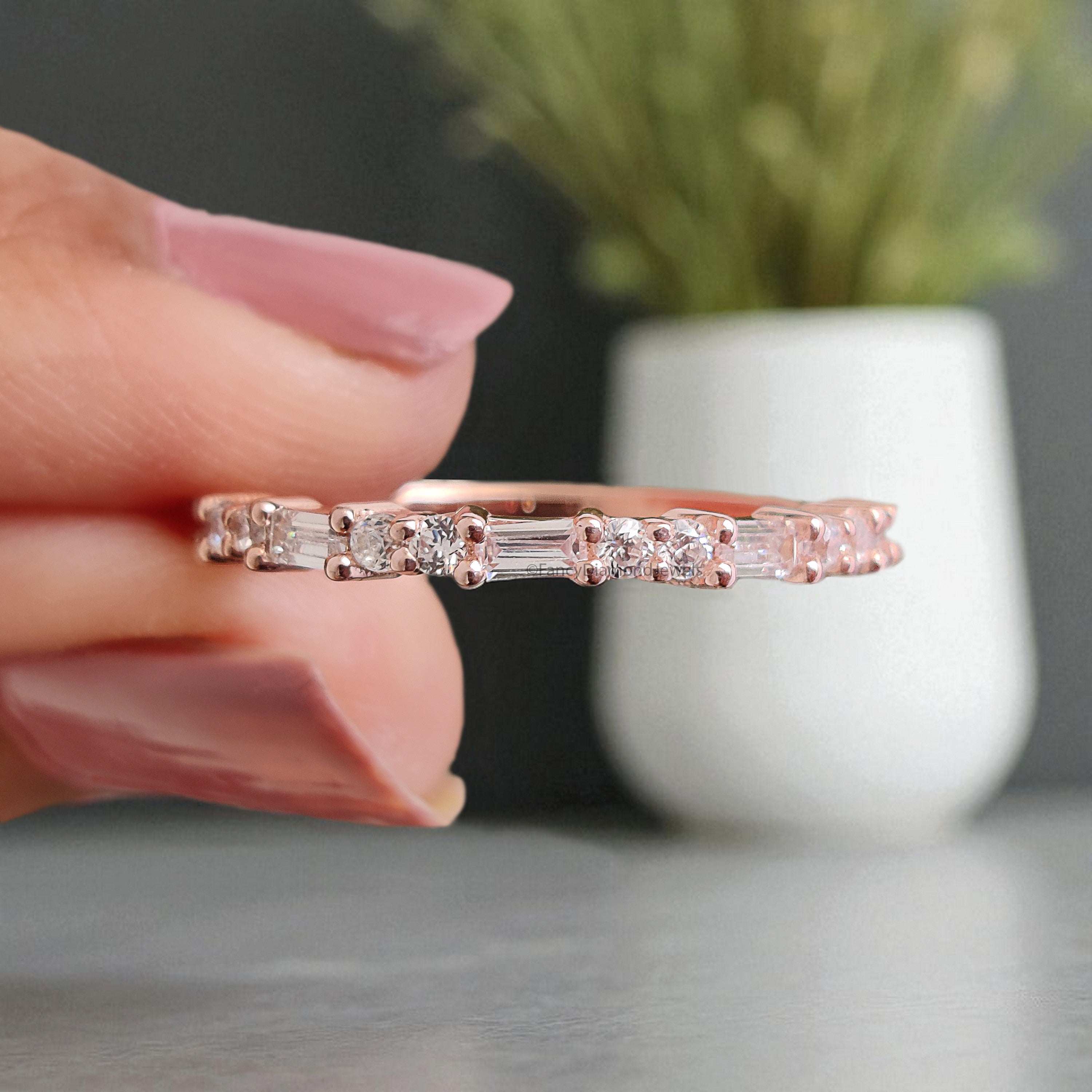 Silver/10K/14K/18K Gold Baguette And Round Diamond Wedding Band Half Eternity Minimalist stacking dainty matching anniversary ring KD1145
