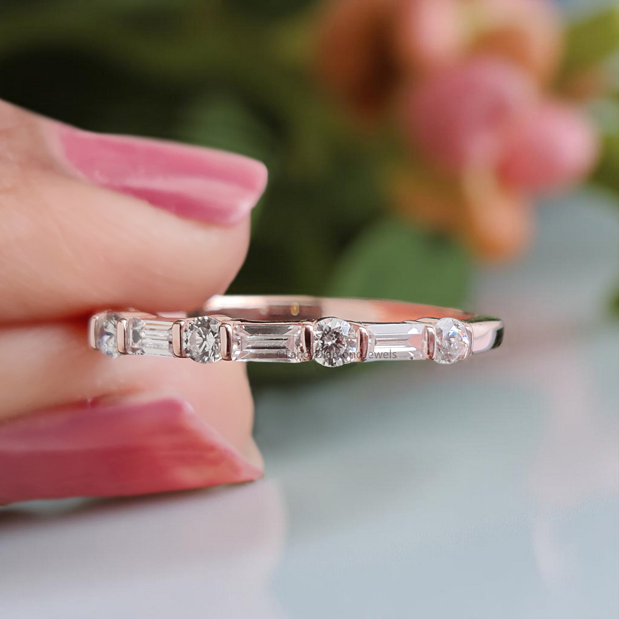 Baguette And Round Diamond Wedding Band Silver/10K/14K/18K Gold Half Eternity Minimalist stacking dainty matching anniversary ring KD893