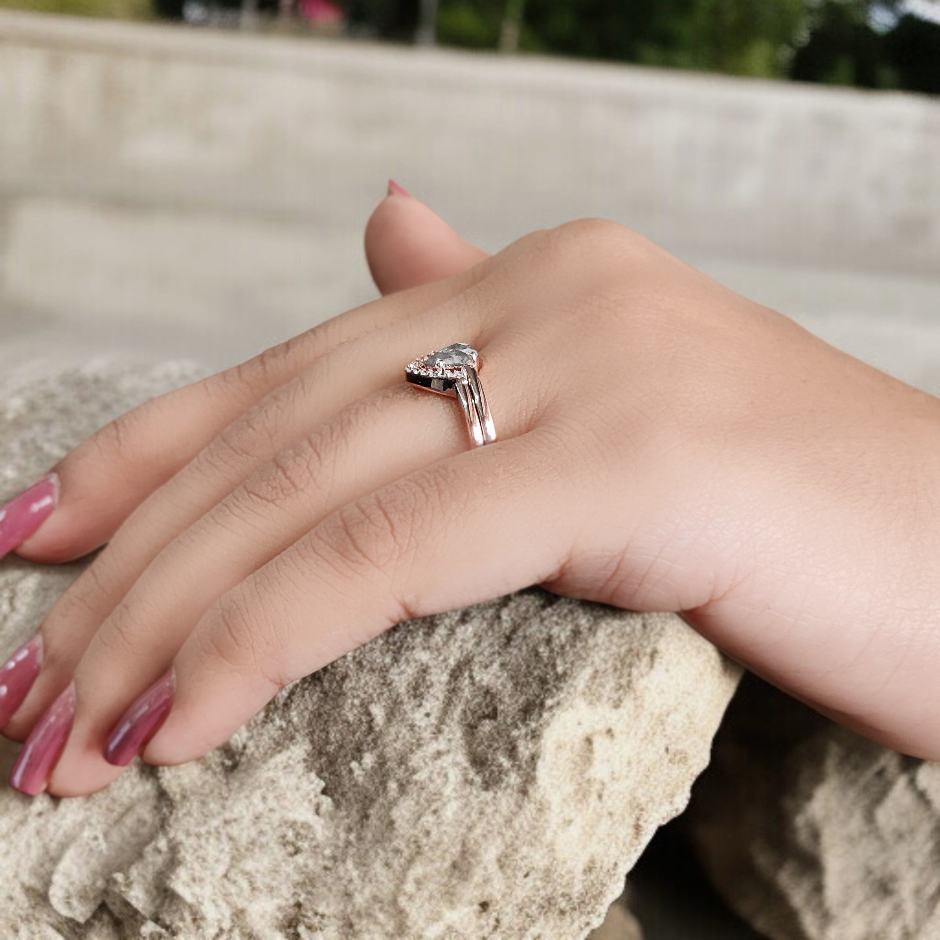 Pear Cut Salt And Pepper Diamond Ring 0.49 Ct 6.70 MM Pear Diamond Ring 14K Solid Rose Gold Silver Engagement Pear Ring Gift For Her KD1112