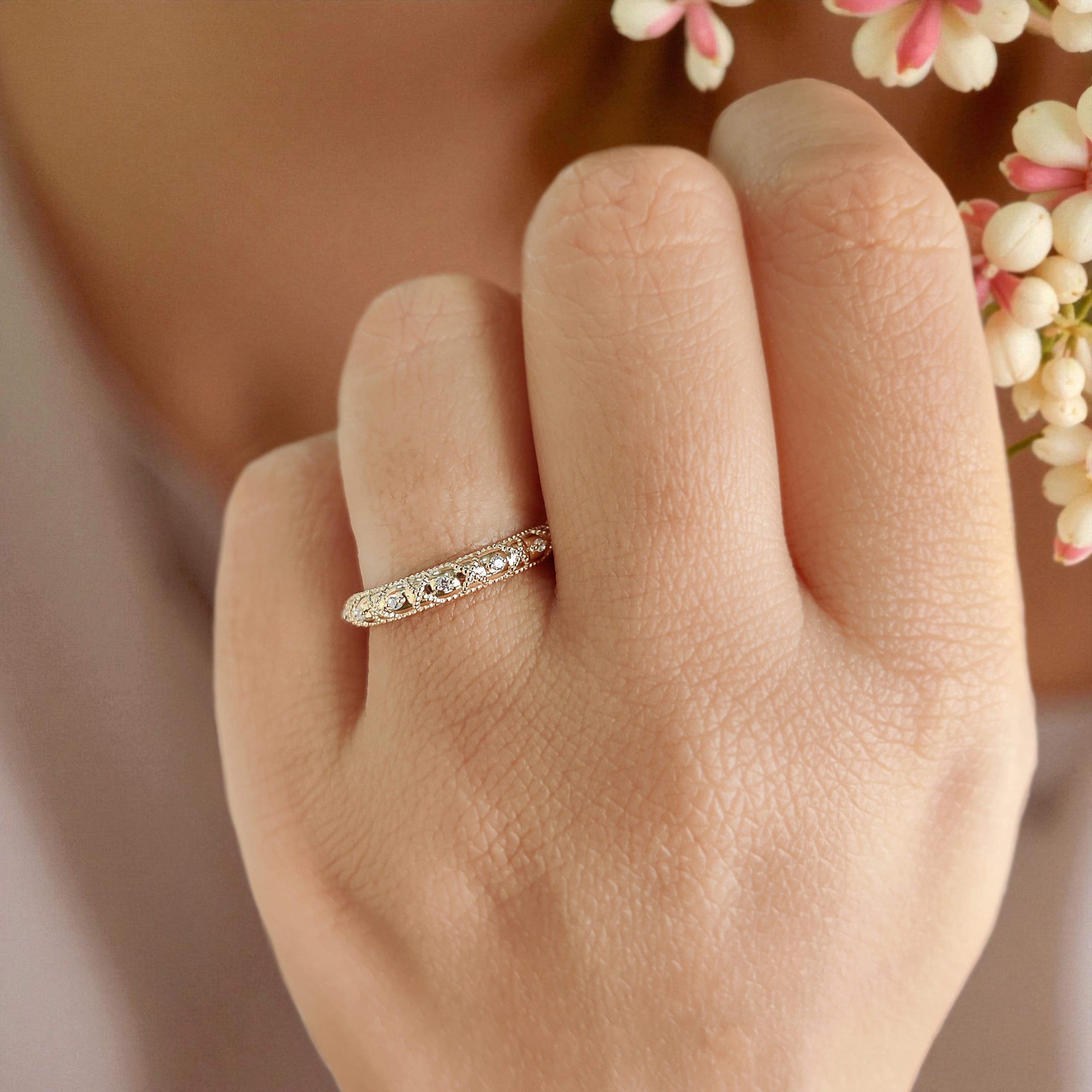 Half Eternity Band Vintage Lab Grown Diamond Wedding Band 14K Solid Gold Milgrain Band Ring Stackable Matching Rings Gift for Women FD453