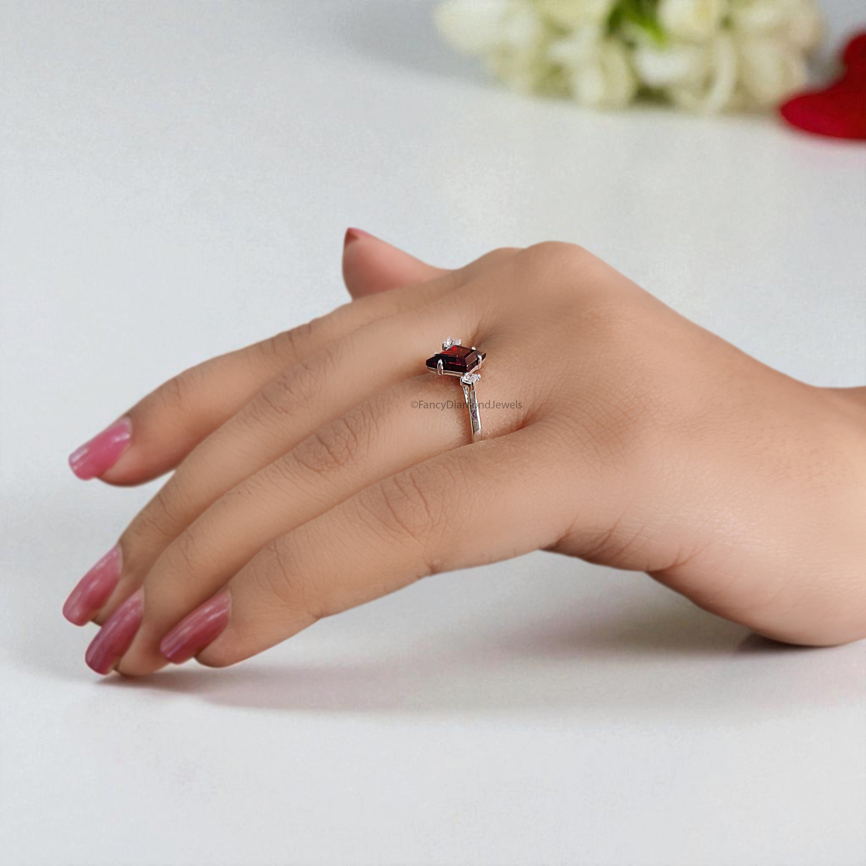 1.15 CT Natural Kite Red Garnet Engagement Ring White Gold Ring Kite Cut Diamond Wedding Ring Unique Art Deco Vintage Ring Gift For Her FD432
