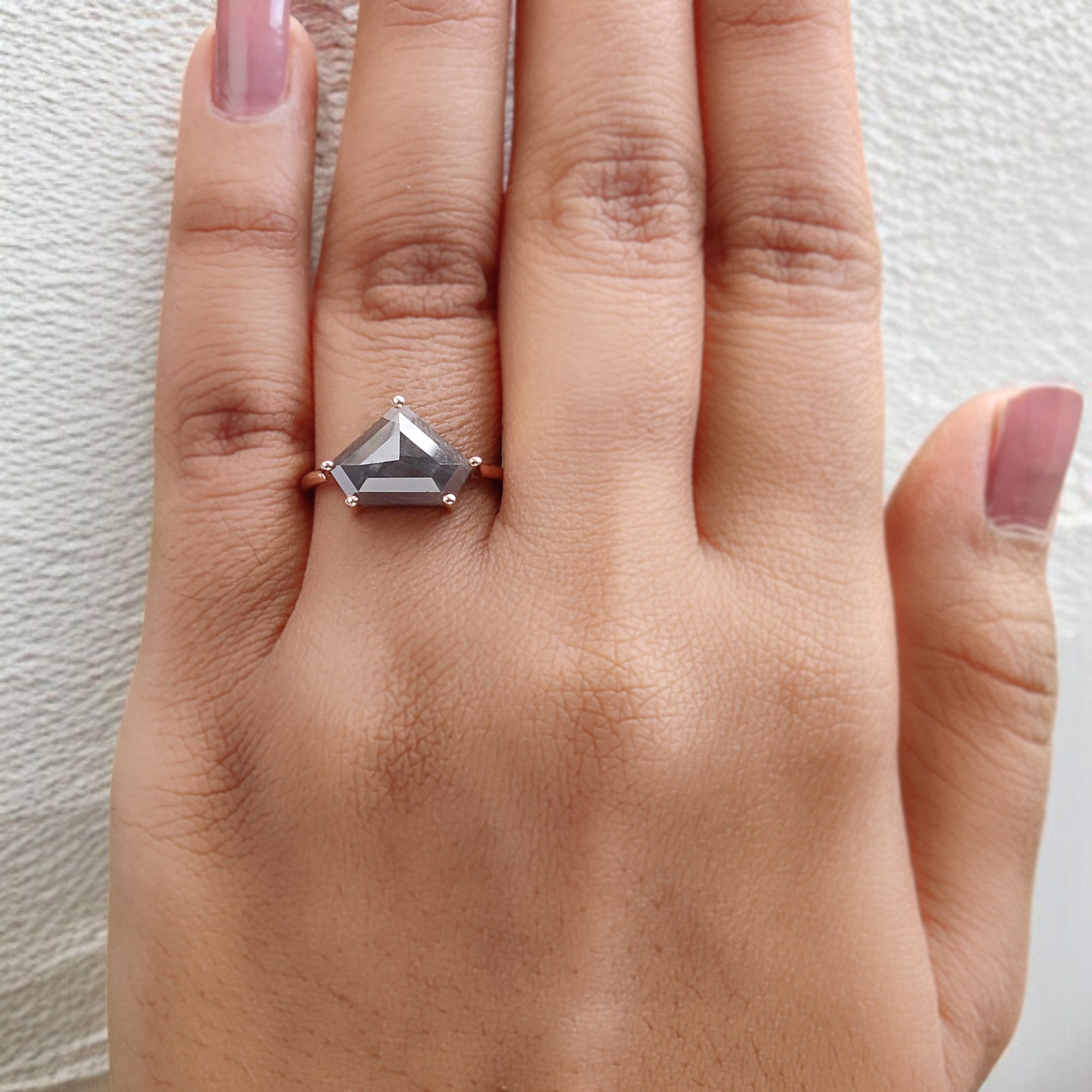 Shield Cut Salt And Pepper Diamond Ring 3.45 Ct 8.70 MM Shield Diamond Ring 14K Solid Rose Gold Silver Engagement Ring Gift For Her QL1055