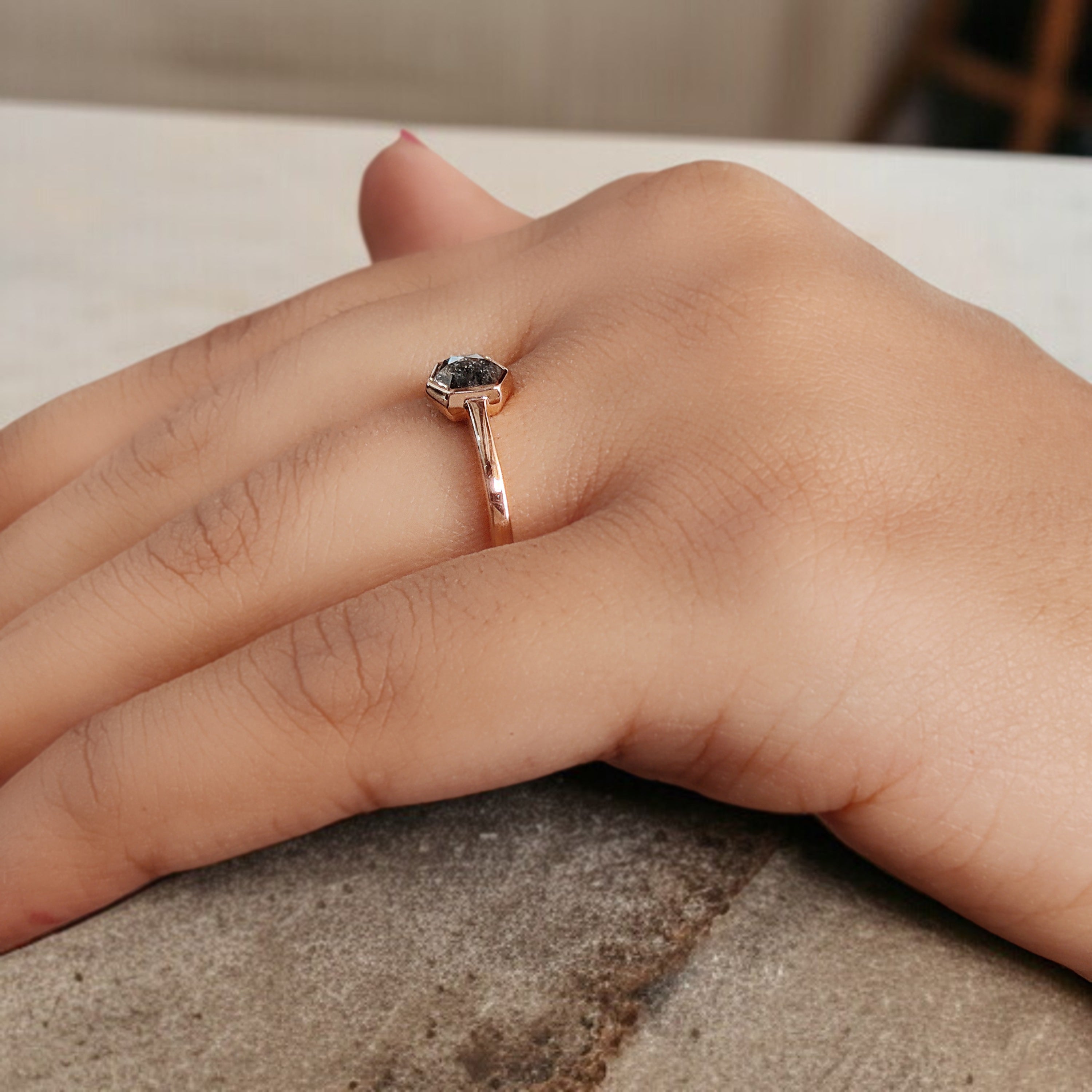 Hexagon Cut Salt And Pepper Diamond Ring 0.76 Ct 5.96 MM Hexagon Diamond Ring 14K Solid Rose Gold Silver Engagement Ring Gift For Her QN2187