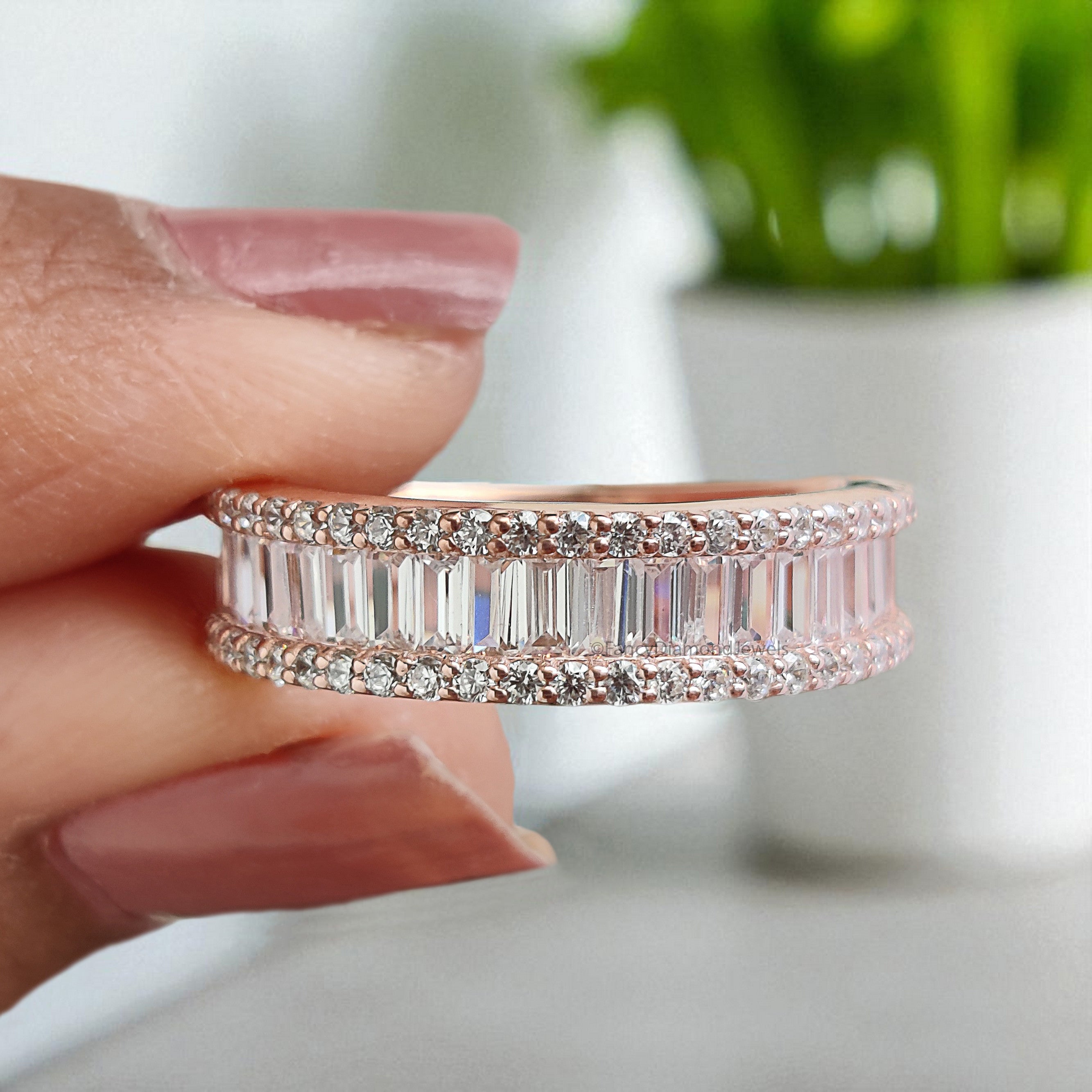 Natural Round / Baguette Diamond Wedding Band Half Eternity Minimalist stacking dainty matching Band Silver/10K/14K/18K Gold Band KD1168