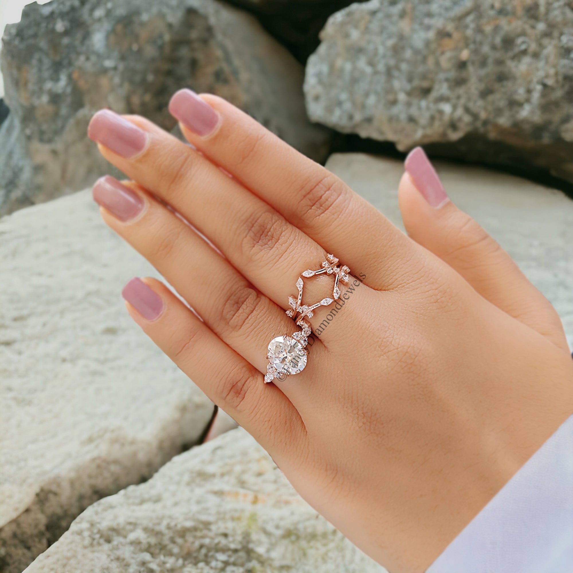 2.40 CT Oval Moissanite Engagement ring set Marquise Moissanite ring Promise Ring Rose Gold Ring Vintage Enhancer Wedding Band FD253