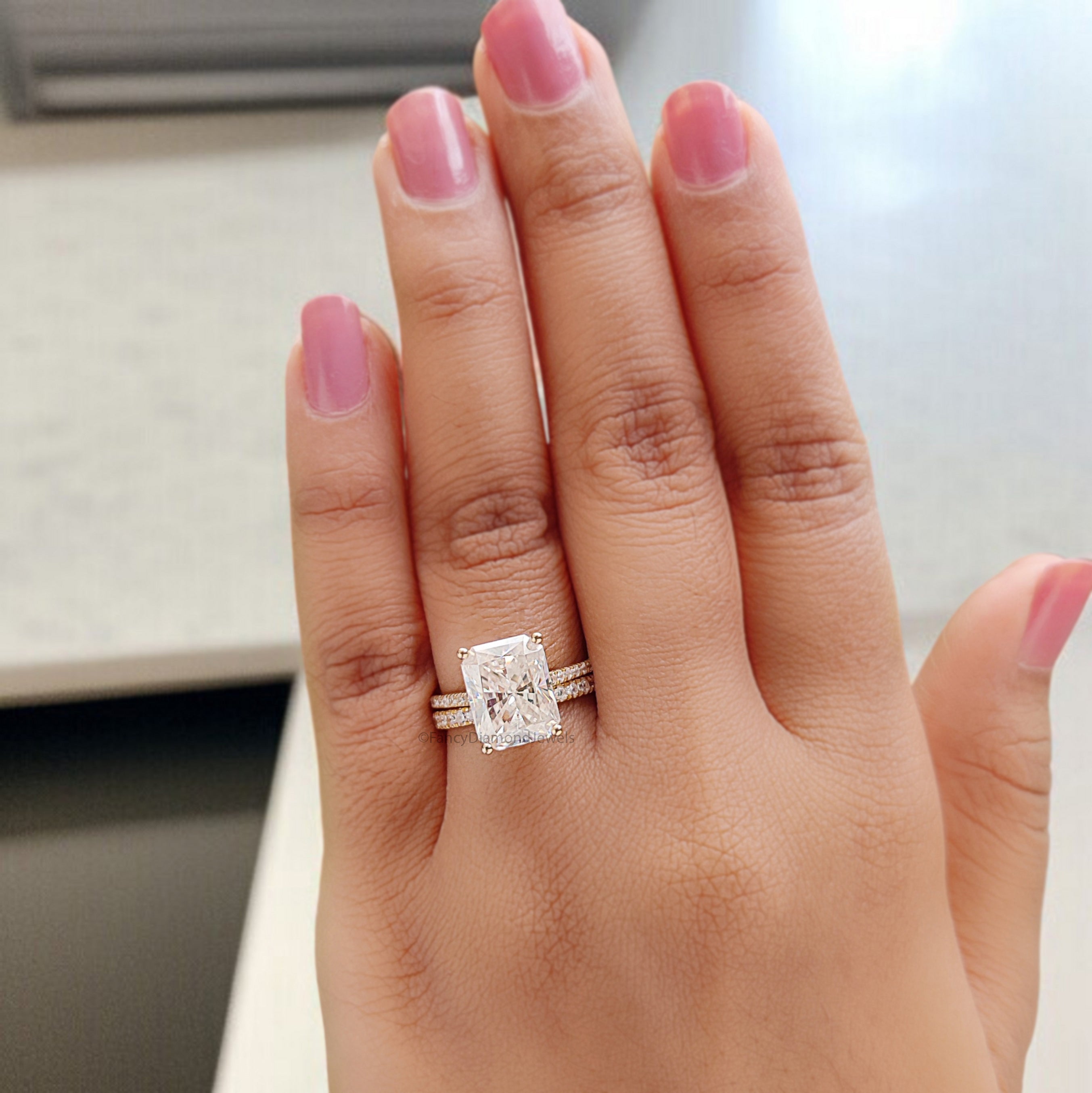 3.70 CT Radiant Cut Colorless Moissanite Bridal Ring Set Engagement Ring Prong Set Ring Anniversary Ring For Women Yellow Gold Ring FD406