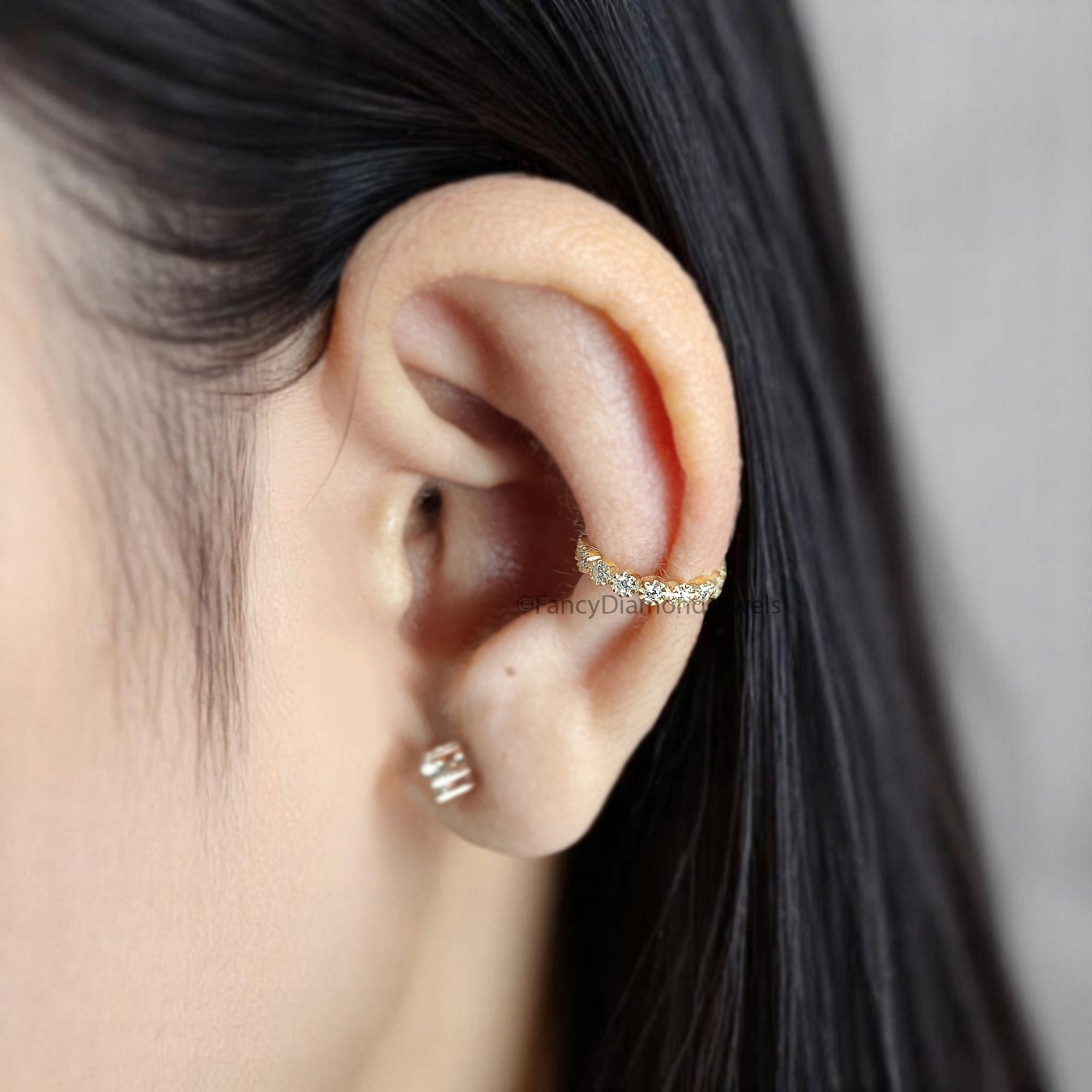 Round Brilliant Cut Colorless Moissanite Diamond Ear Cuff Conch Ear Cuff Sterling Silver Helix Piercing Yellow Gold Ear Wrap FD357