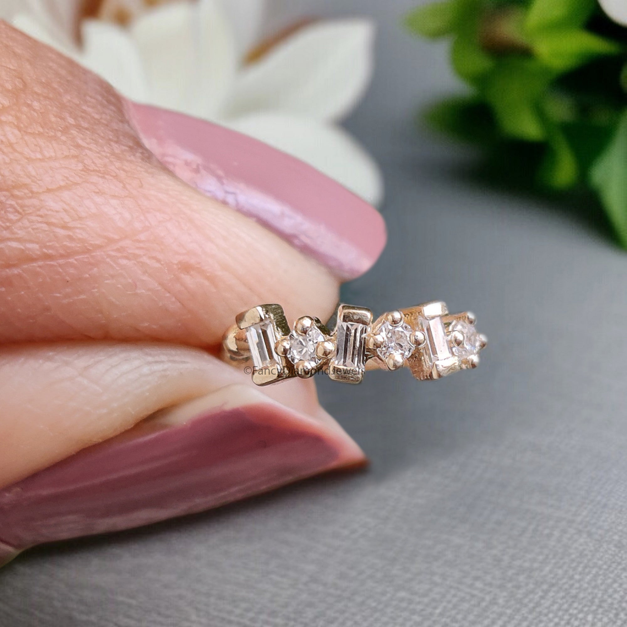 Dainty Baguette & Round Brilliant Cut Colorless Moissanite Diamond Ear Cuff Conch Ear Cuff Yellow Gold Ear Wrap FD329