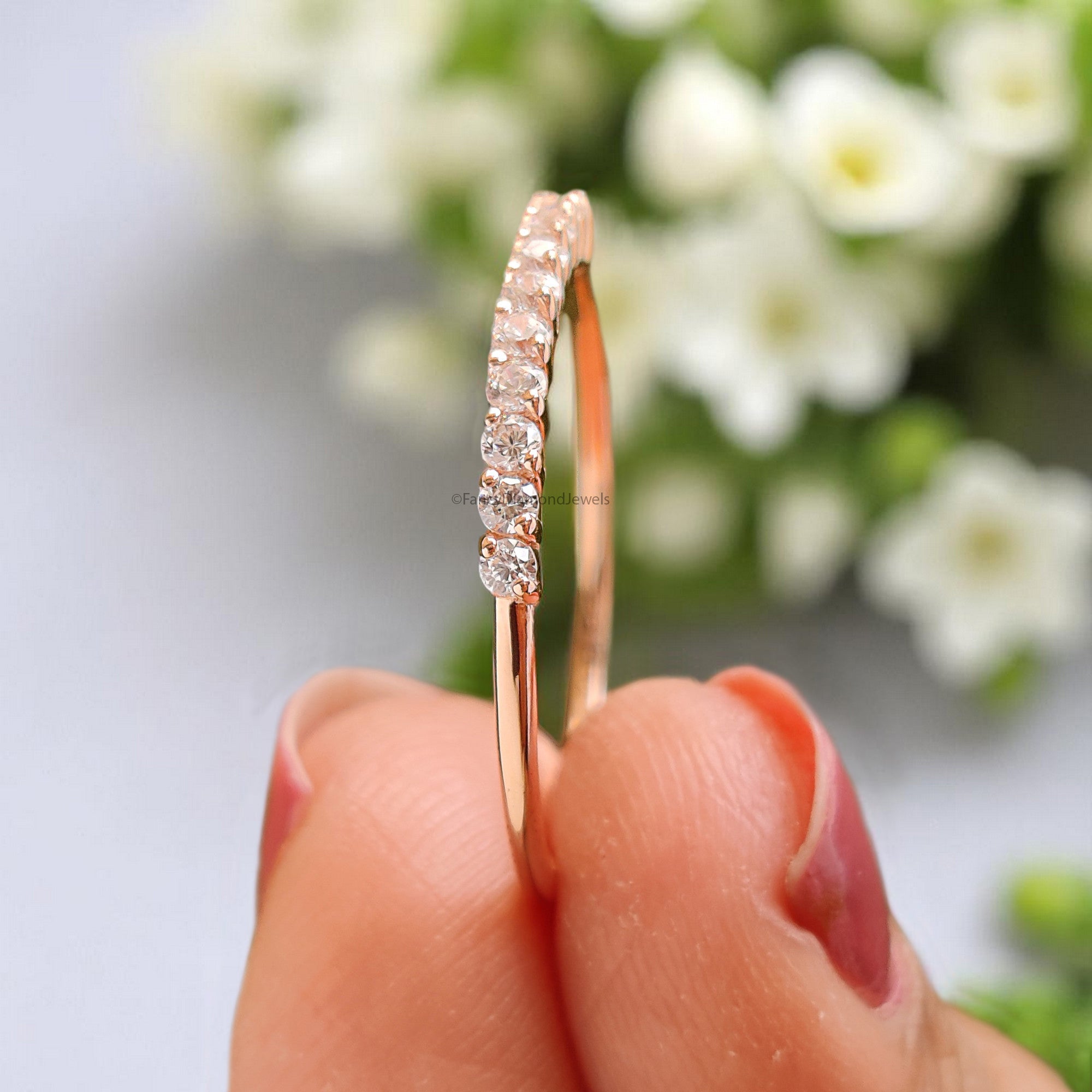 Round Moissanite Diamond Wedding Band Half Eternity Minimalist stacking dainty matching anniversary Ring Silver/10K/14K/18K Gold Band KD899