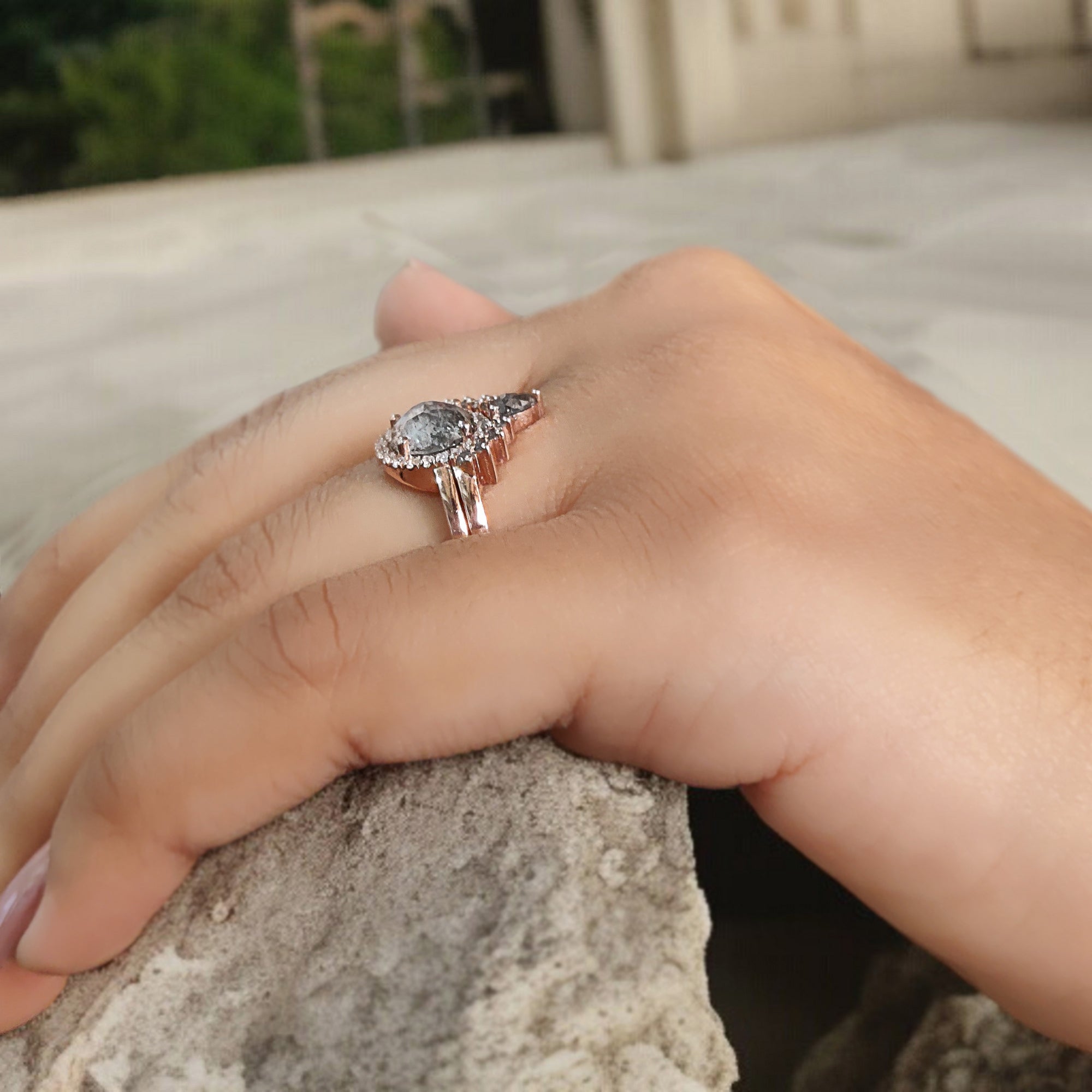 Round Rose Cut Salt And Pepper Diamond Ring 1.70 Ct 7.30 MM Round Shape Diamond Ring 14K Rose Gold Silver Engagement Ring Gift For Her QL882