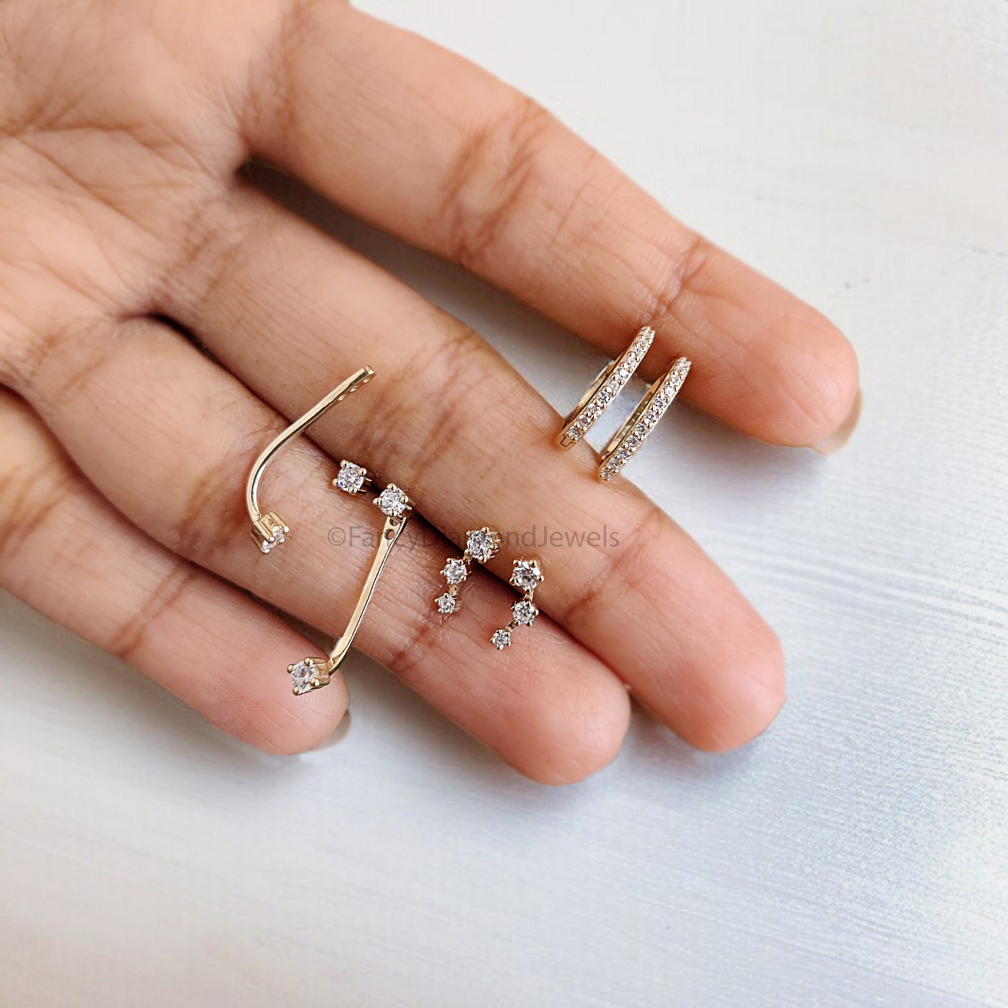 Front Back Earring Set ear jacket Round Brilliant Cut Colorless Moissanite Gold Ear Cuff jacket earrings minimal earring Gold Ear Wrap FD327