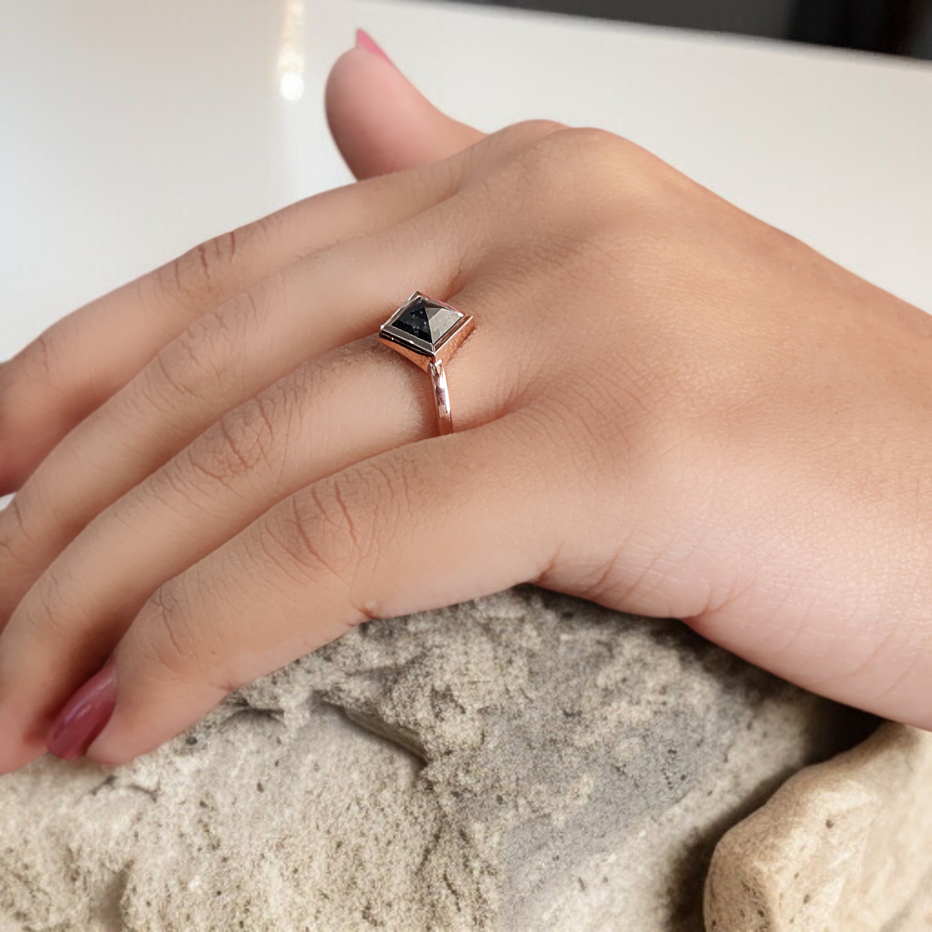 Kite Cut Salt And Pepper Diamond Ring 1.25 Ct 8.00 MM Kite Diamond Ring 14K Solid Rose Gold Silver Kite Engagement Ring Gift For Her QN822