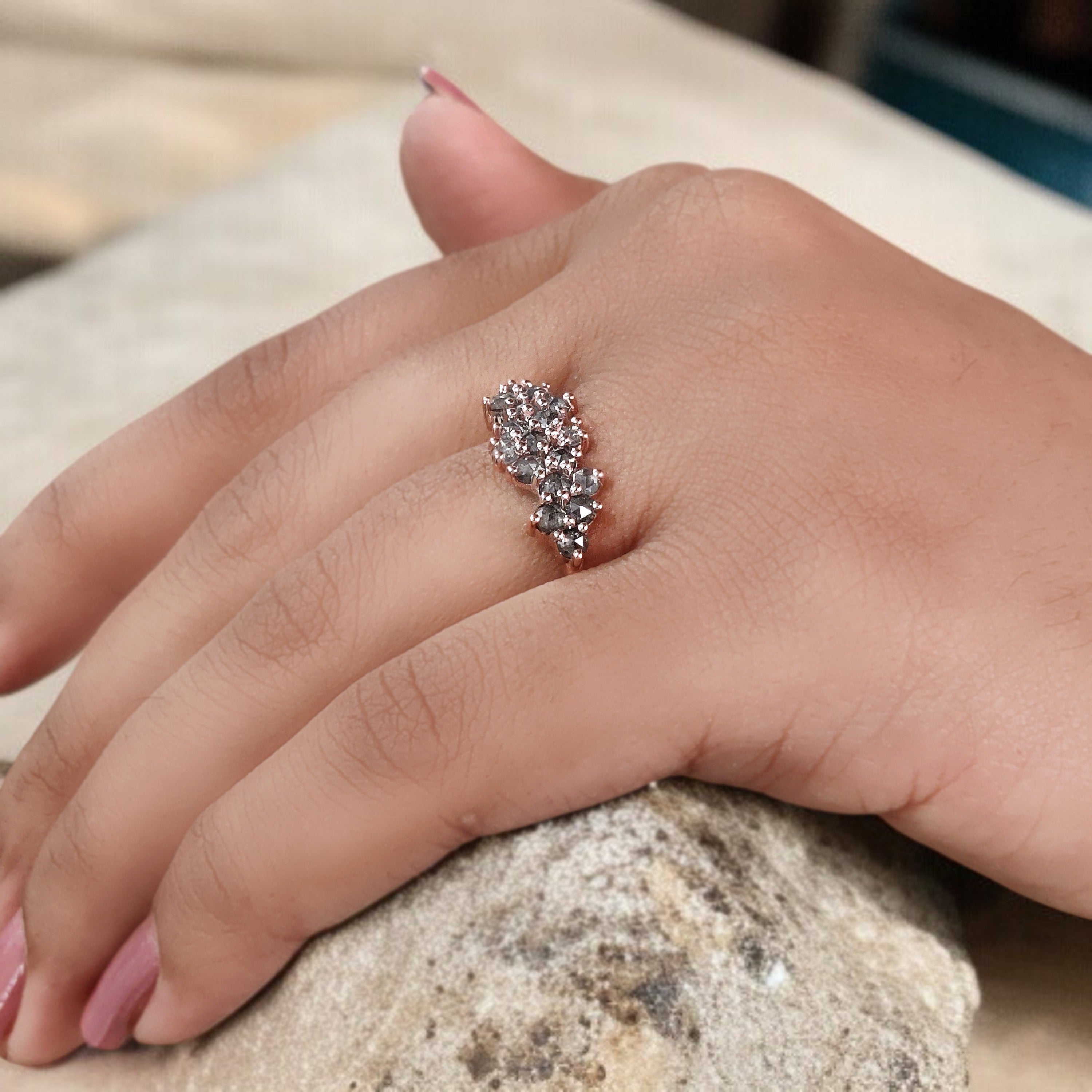 Round Rose Cut Salt And Pepper Diamond Ring 1.09 Ct 2.50 MM Round Diamond Ring 14K Rose Gold Silver Engagement Ring Gift For Her QK1430