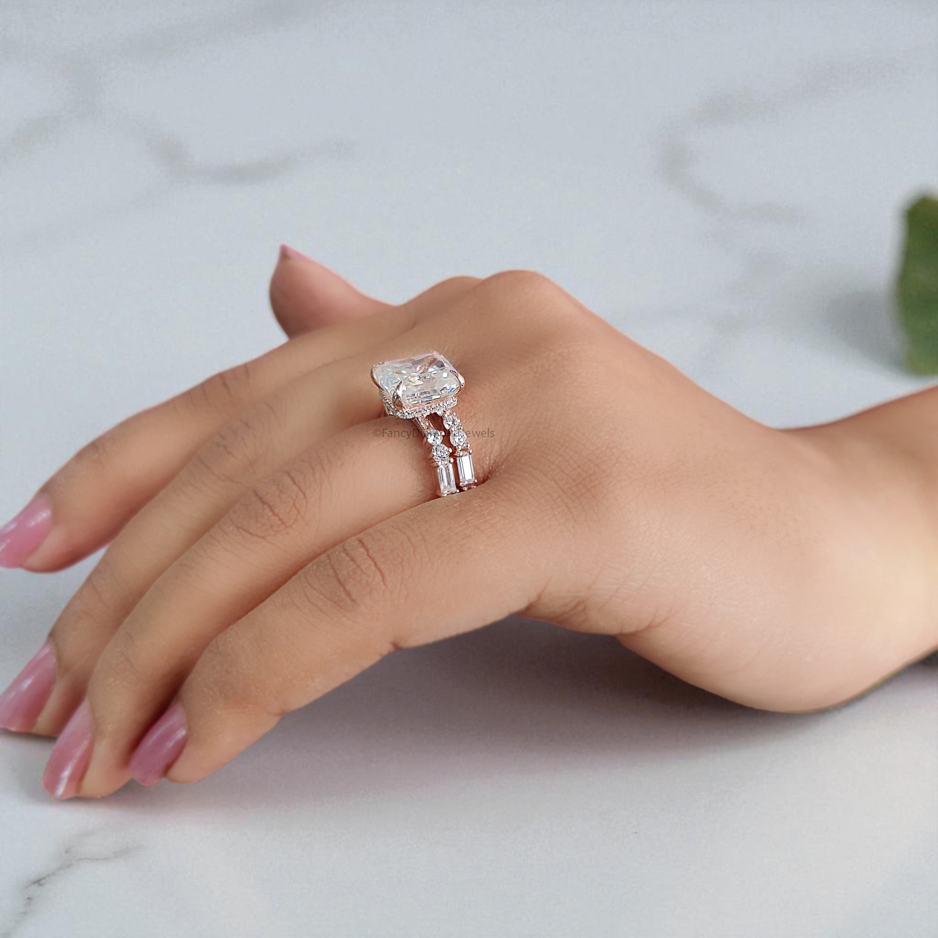 3.70 CT Radiant Cut Colorless Moissanite Bridal Ring Set Engagement Ring Pointed Claw Prong Set Ring Anniversary Ring Rose Gold Ring FD414