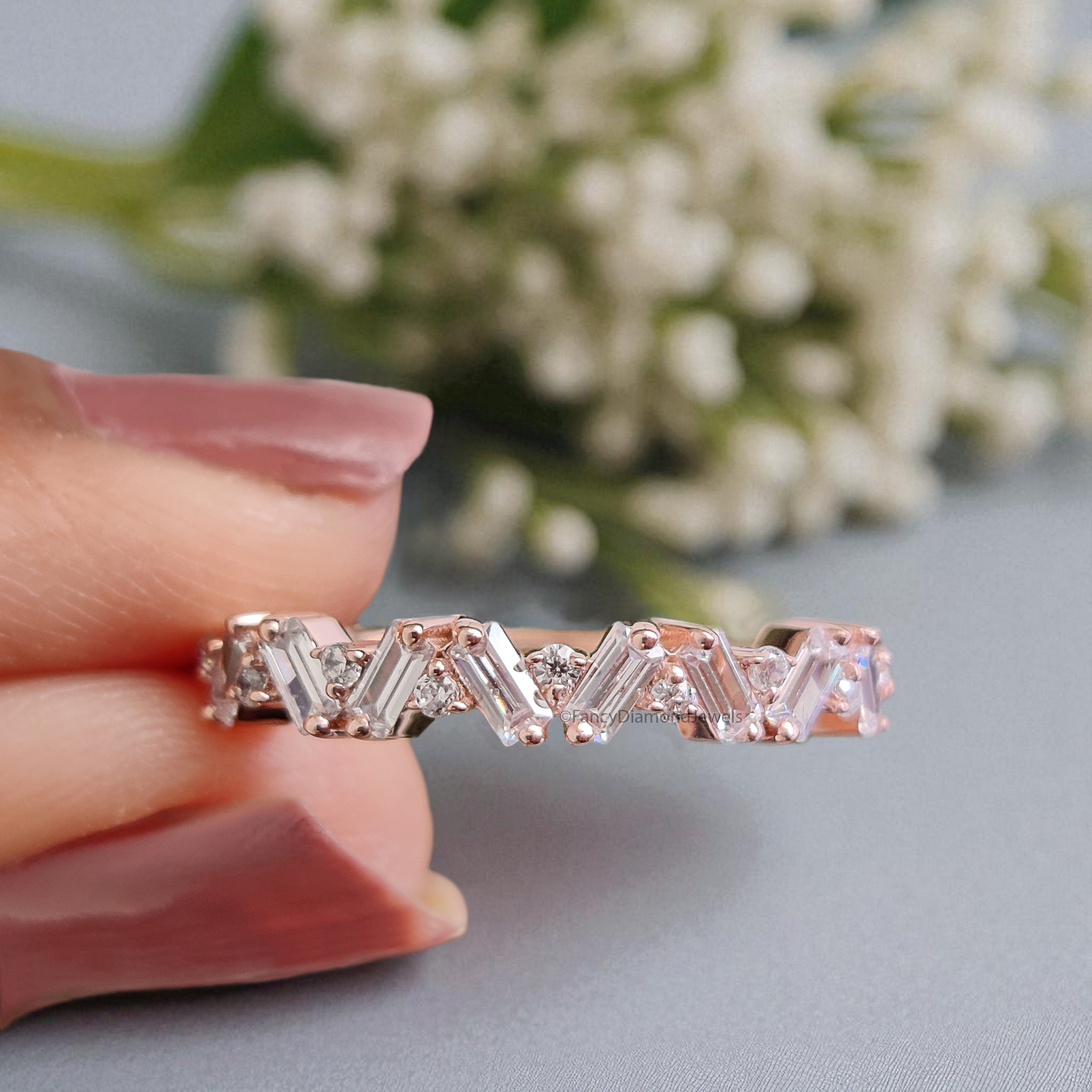 Baguette And Round Diamond Wedding Band Silver/10K/14K/18K Gold Half Eternity Minimalist stacking dainty matching anniversary ring KD892