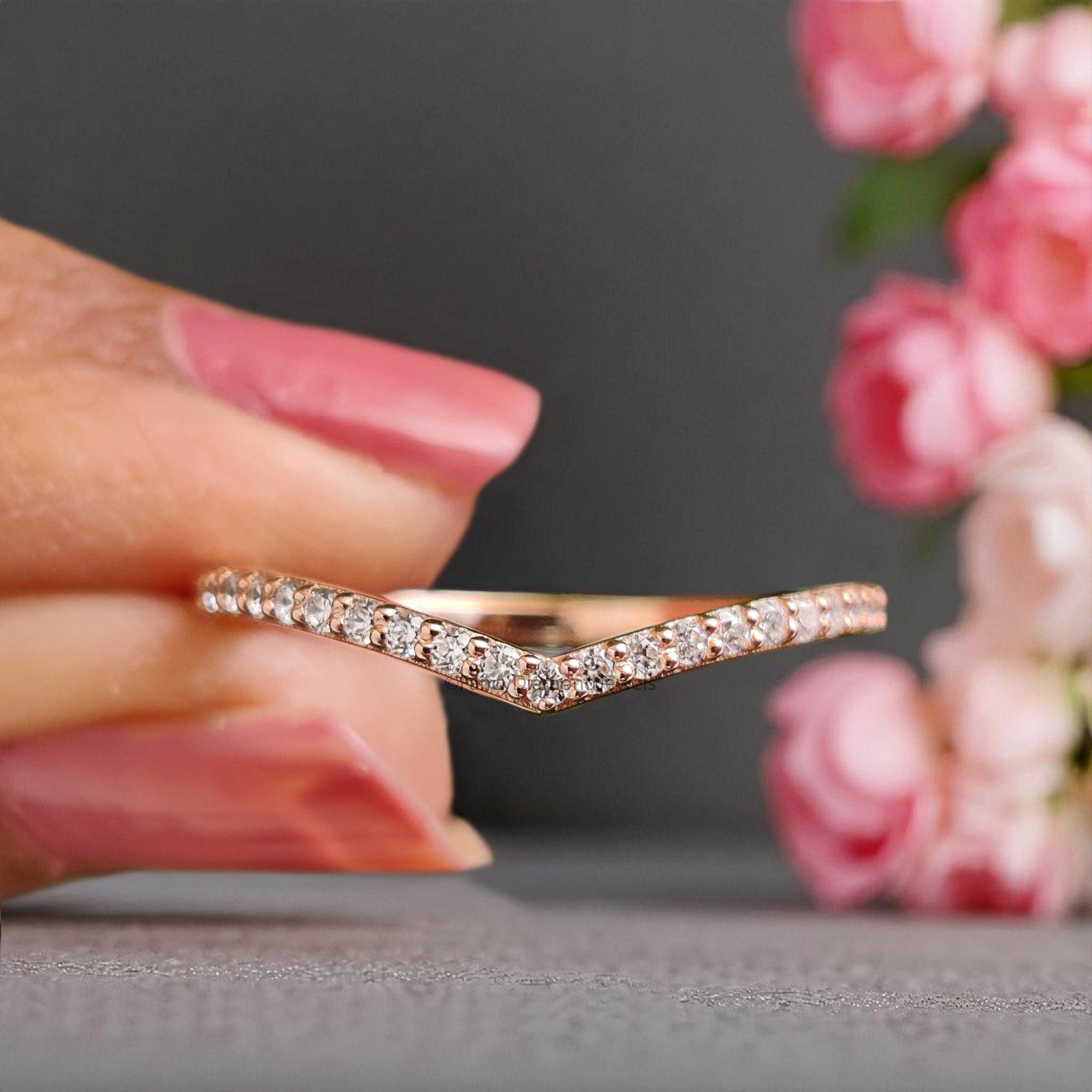 V Shaped Wedding Band 0.20 TW Round Diamond Band Rose Gold Silver/10K/14K/18K Engagement Band Half Eternity Anniversary Ring FD377