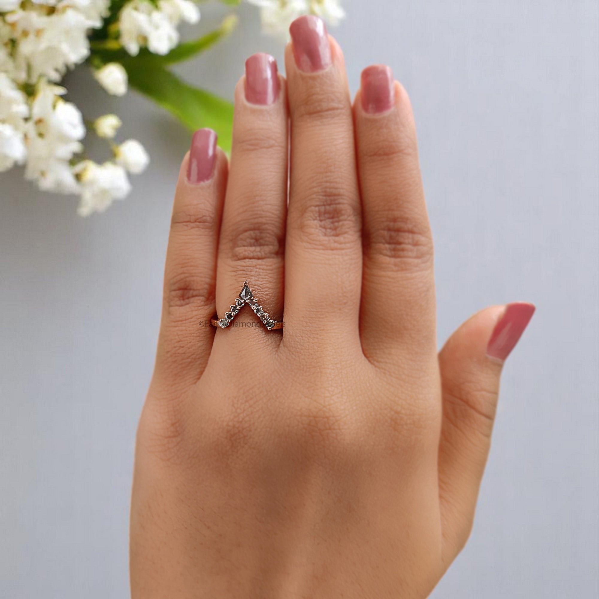 Salt And Pepper 0.32 TW Diamond Wedding Band Deep V Shape Band Silver/10K/14K/18K Gold Half Eternity anniversary Ring Gift For Her KD839