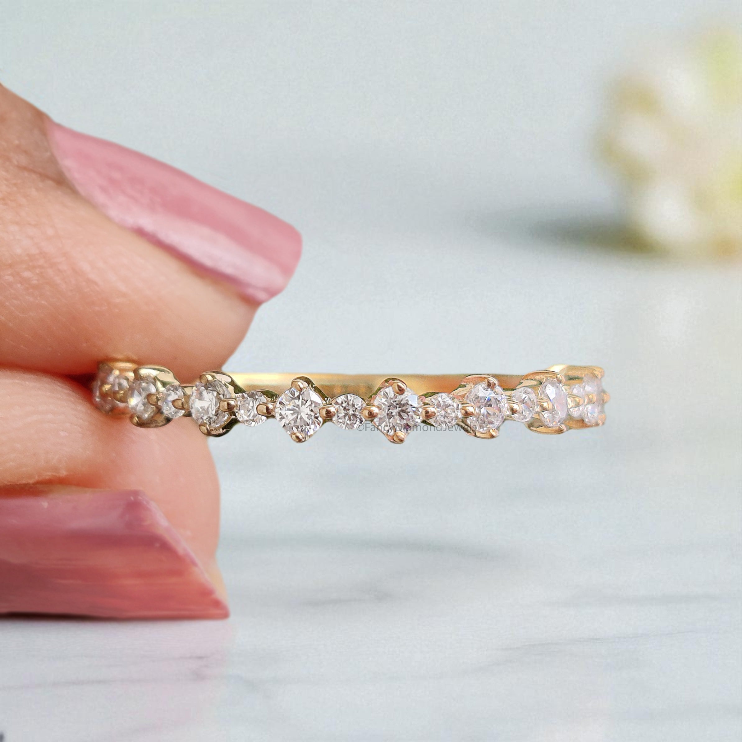 Natural White Diamond Wedding Band Half Eternity Minimalist Ring Silver/10K/14K/18K Gold stacking dainty matching anniversary Ring KD927