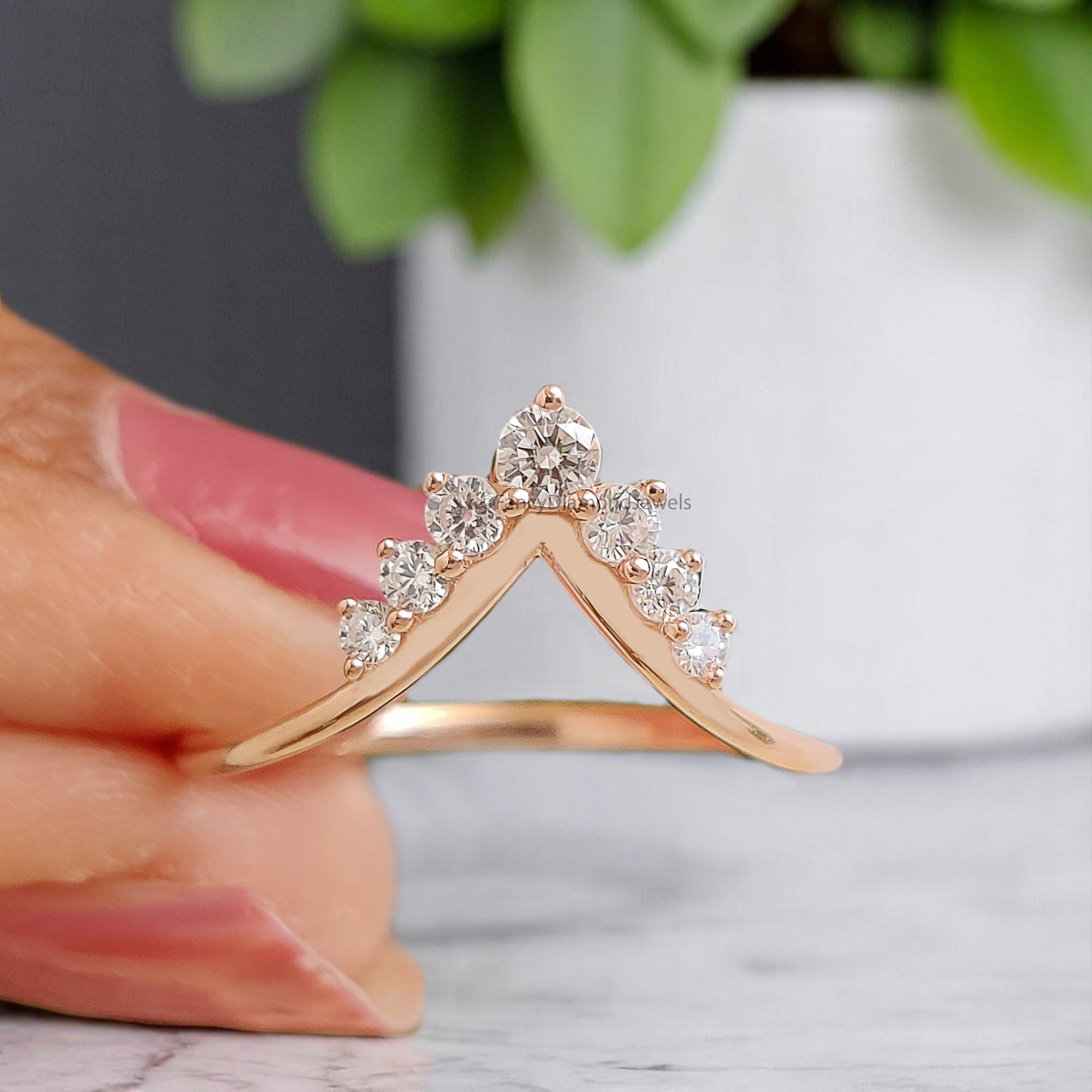 Art Deco Crown Wedding Band 0.20 TW Round Diamond Band Rose Gold Silver/10K/14K/18K Engagement Band Half Eternity Anniversary Ring FD374