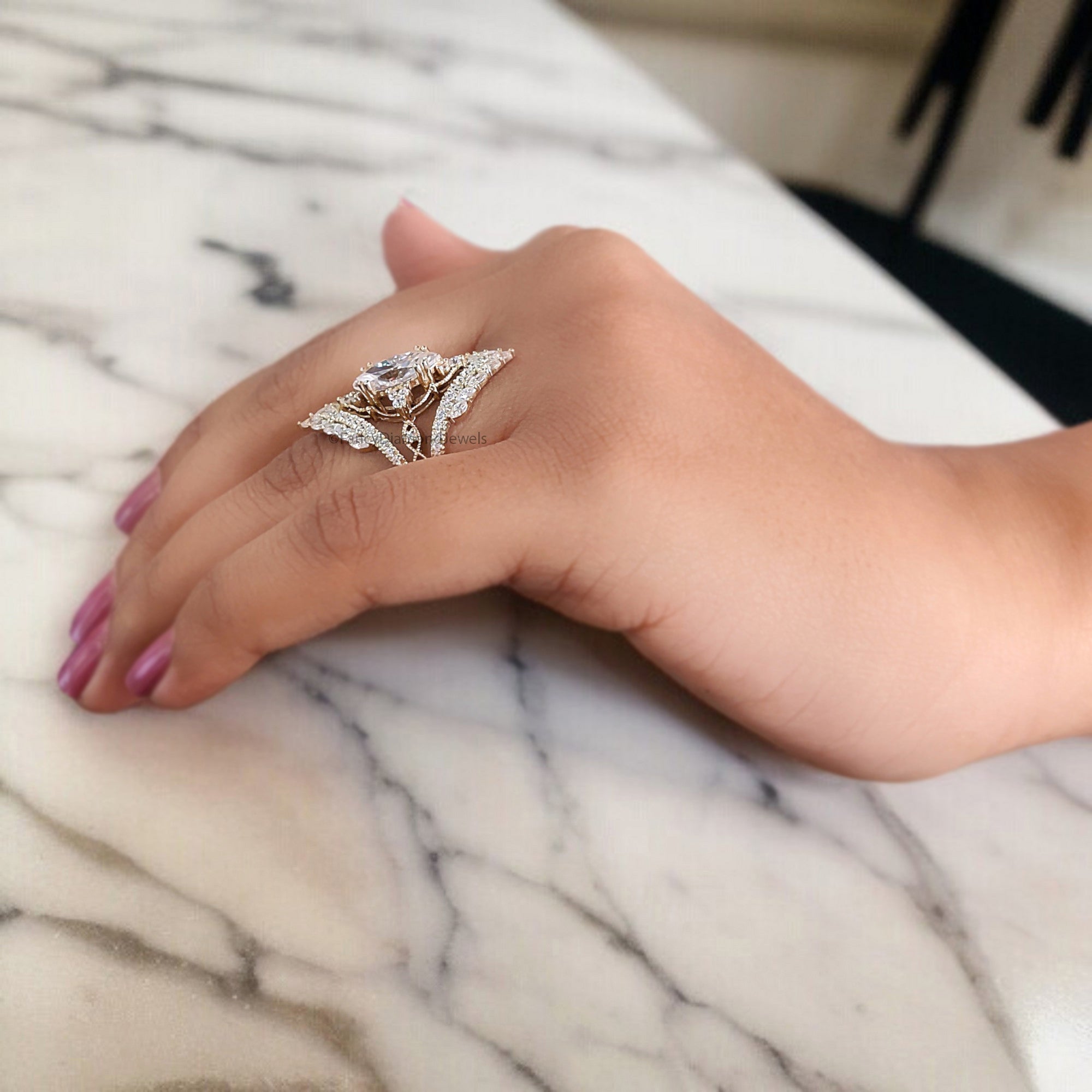 Marquise Moissanite Bridal Set 2pcs Moissanite Cage Ring Unique Engagement Ring Yellow Gold Vintage Wrap Ring Bridal Anniversary Ring FD318