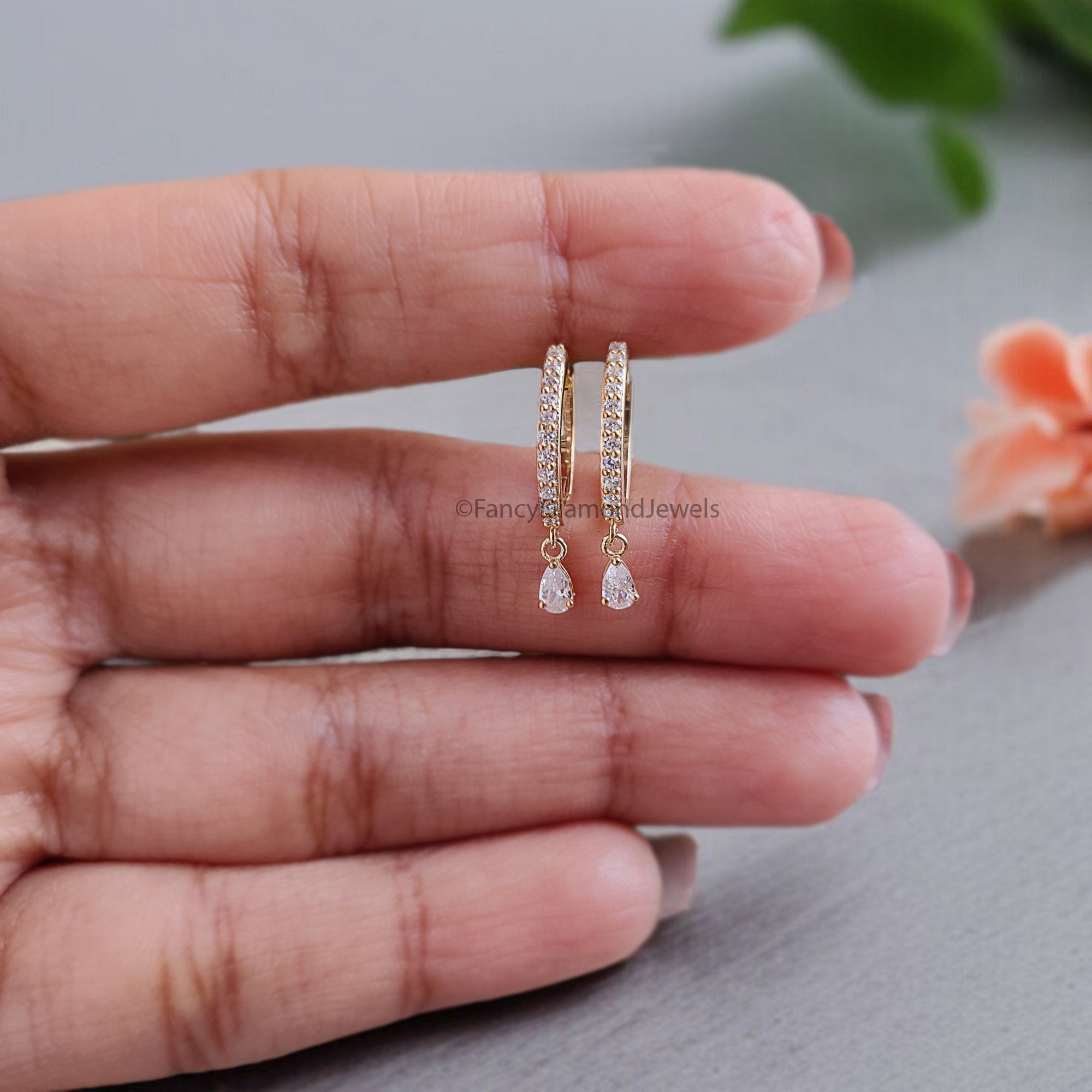 Pear Colorless Moissanite Earrings Huggie Hoop Dangle Earrings Bridal Earrings Yellow Gold Earrings Anniversary Gift For Women FD344