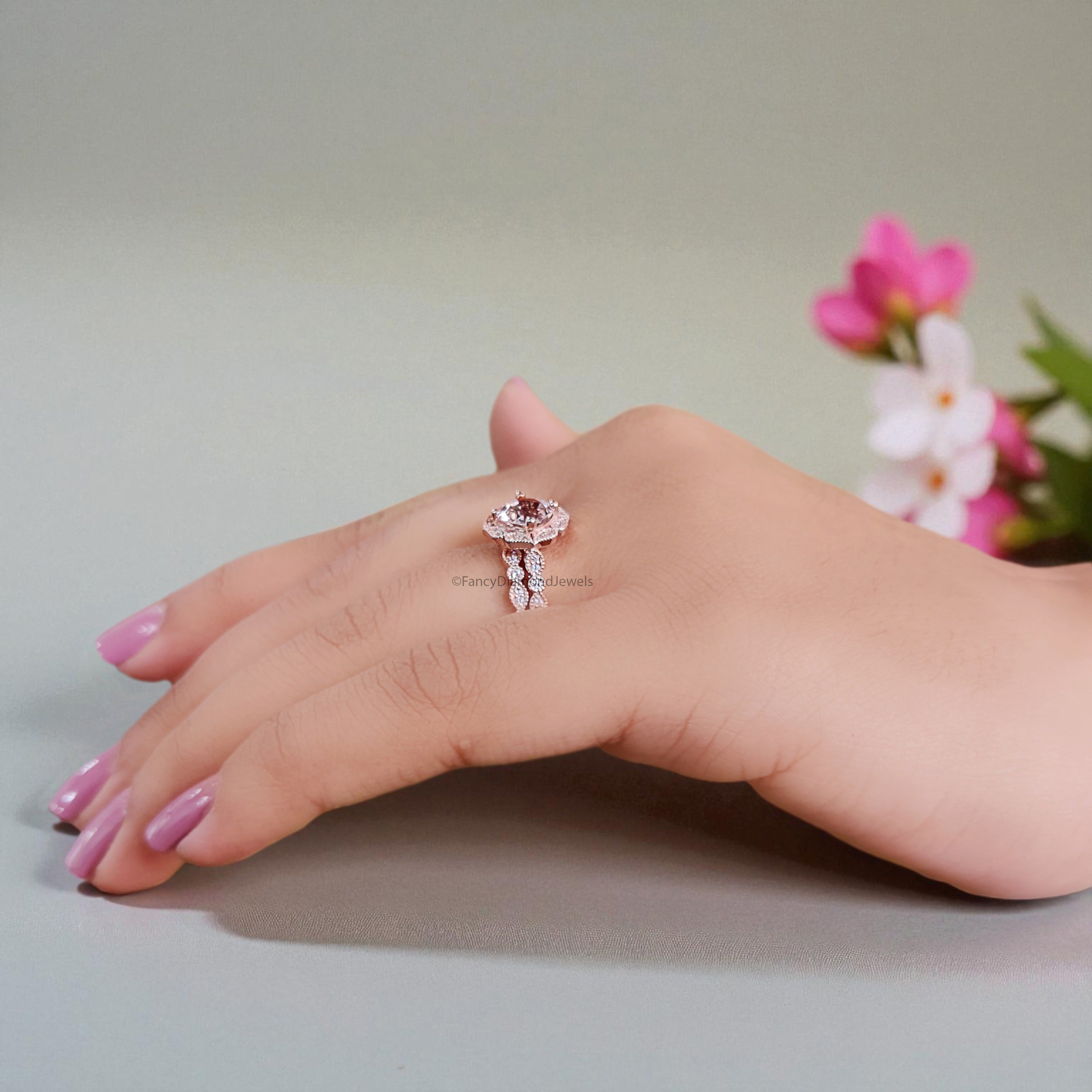 1.00 CT Cushion Cut Natural Morganite Engagement Ring Set Rose Gold Ring Round Diamond Wedding Ring Unique Halo Ring Gift For Her FD451