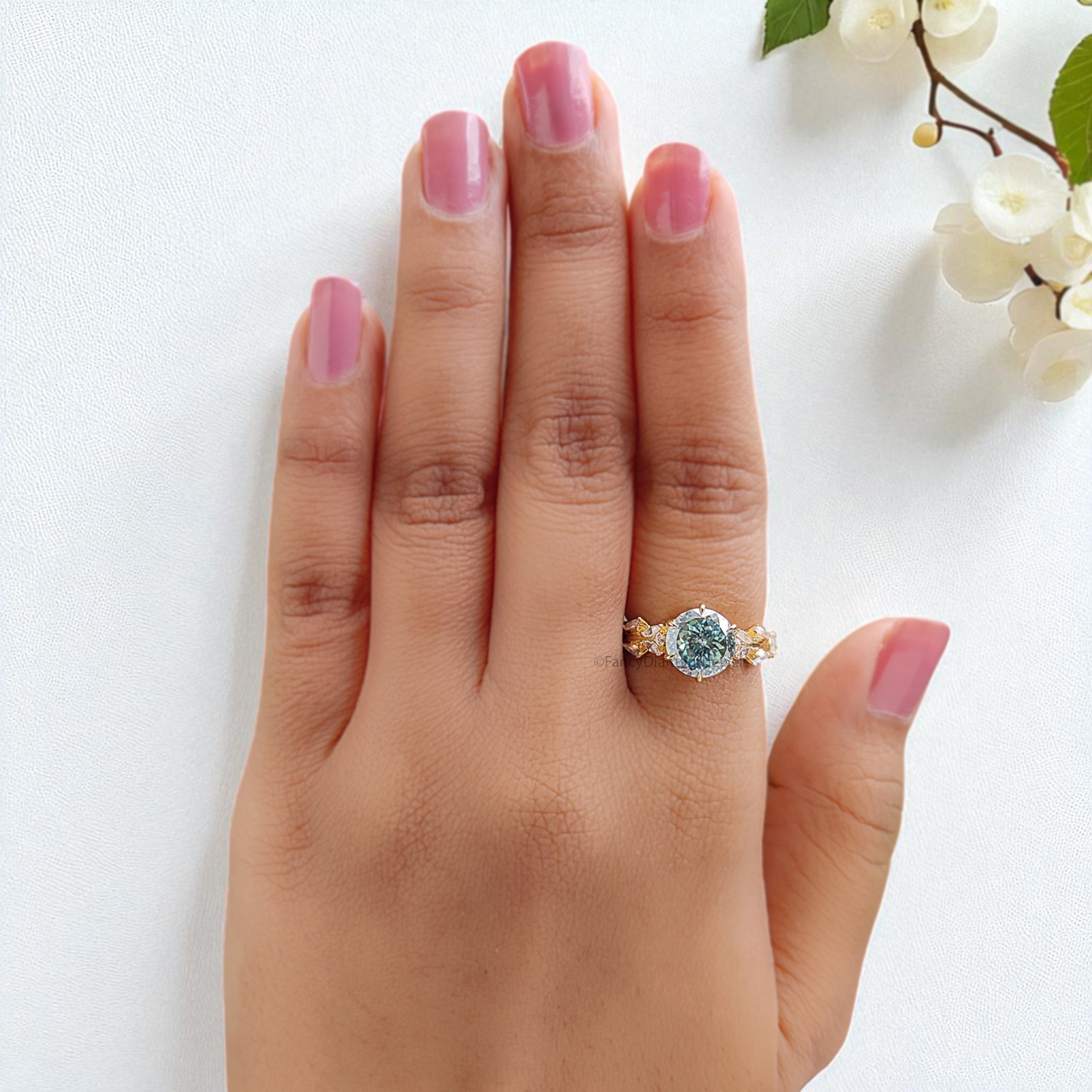 Floral Round Portuguese Cut Moissanite Engagement Ring Yellow Gold Ring Vintage Ring Anniversary Ring Nature Inspire Ring Wedding Ring FD408