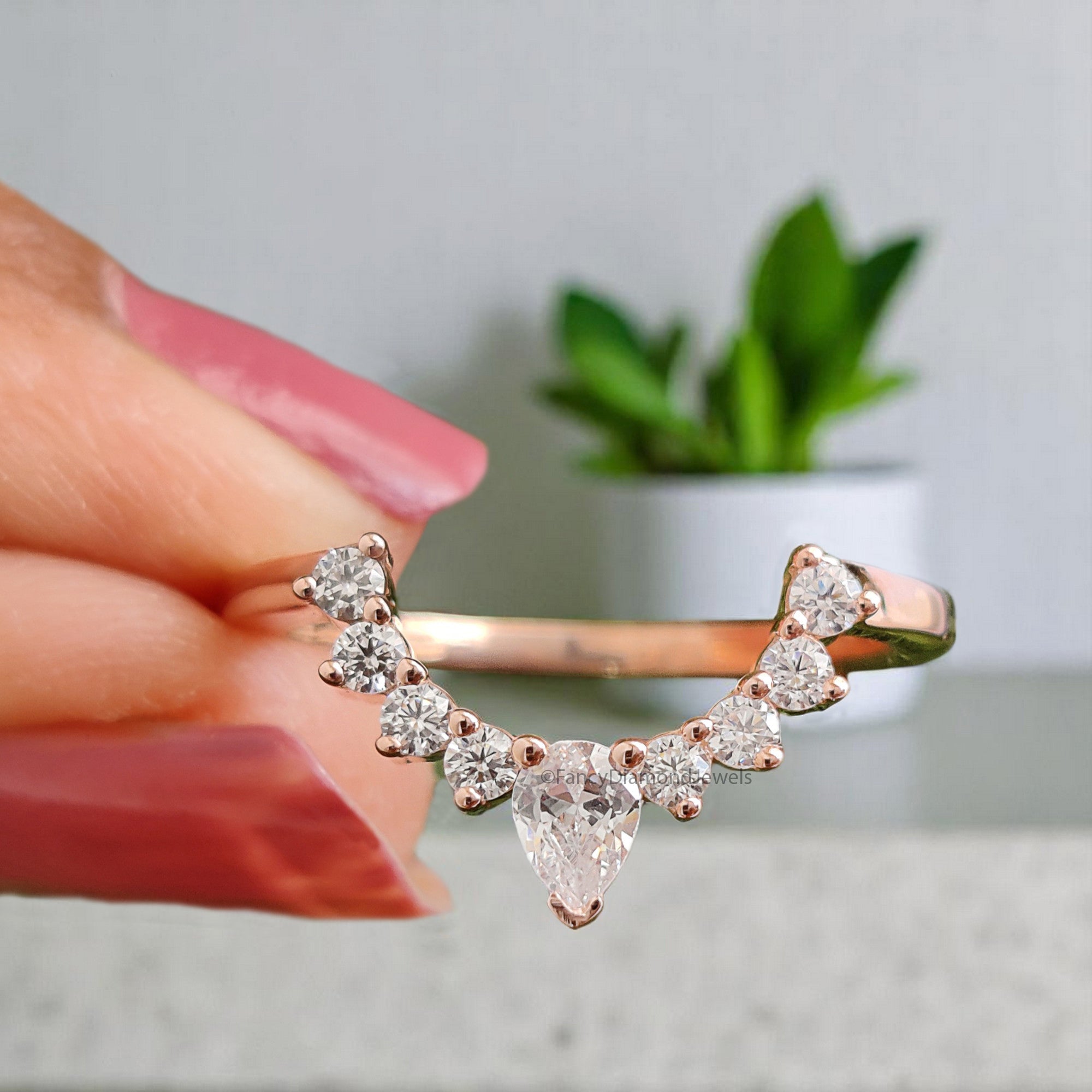 Curved wedding band Antique Pear cut Moissanite ring Silver/10K/14K/18K Band Unique Matching ring Half eternity Anniversary band FD373