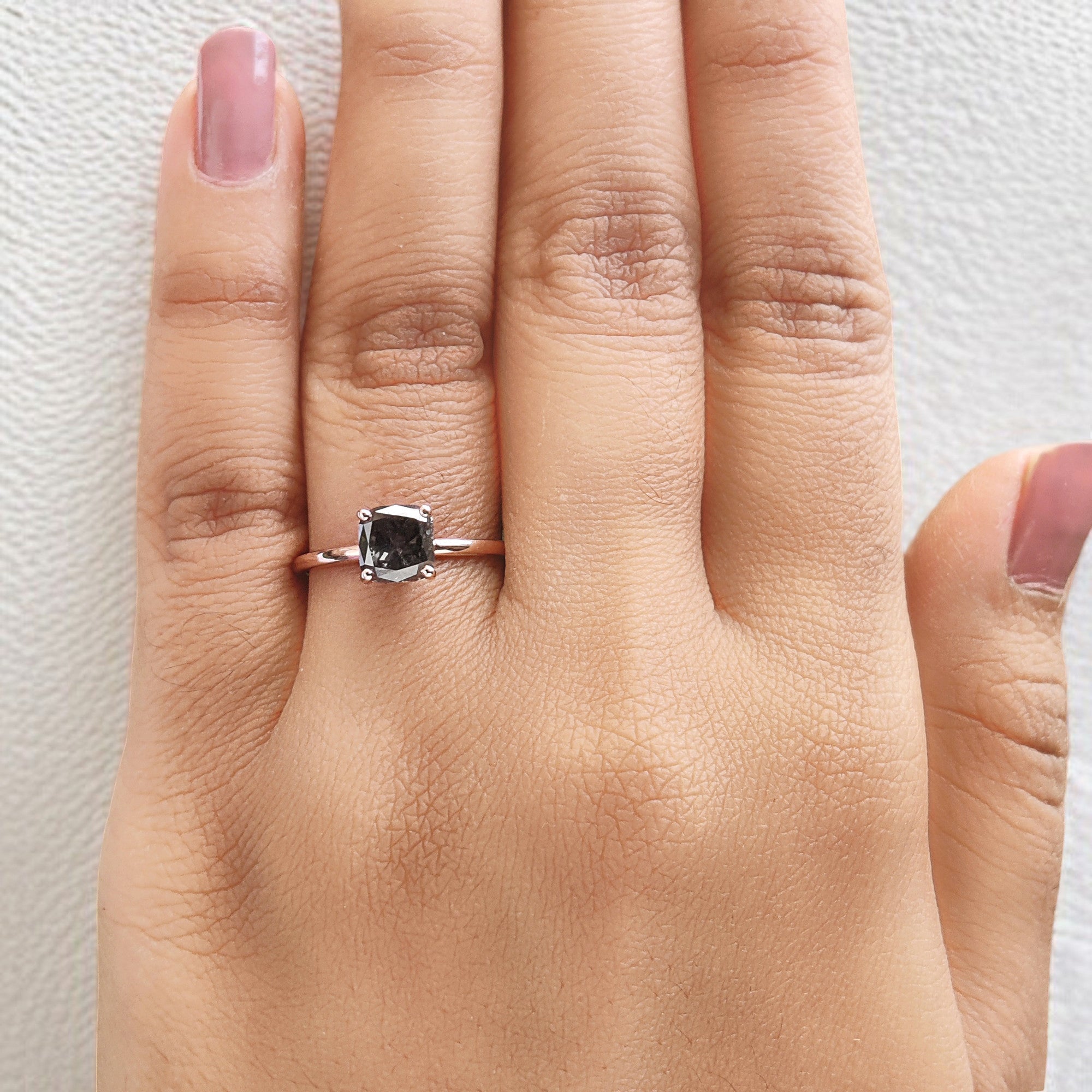 Cushion Cut Salt And Pepper Diamond Ring 1.31 Ct 6.05 MM Cushion Diamond Ring 14K Solid Rose Gold Silver Engagement Ring Gift For Her QL1905