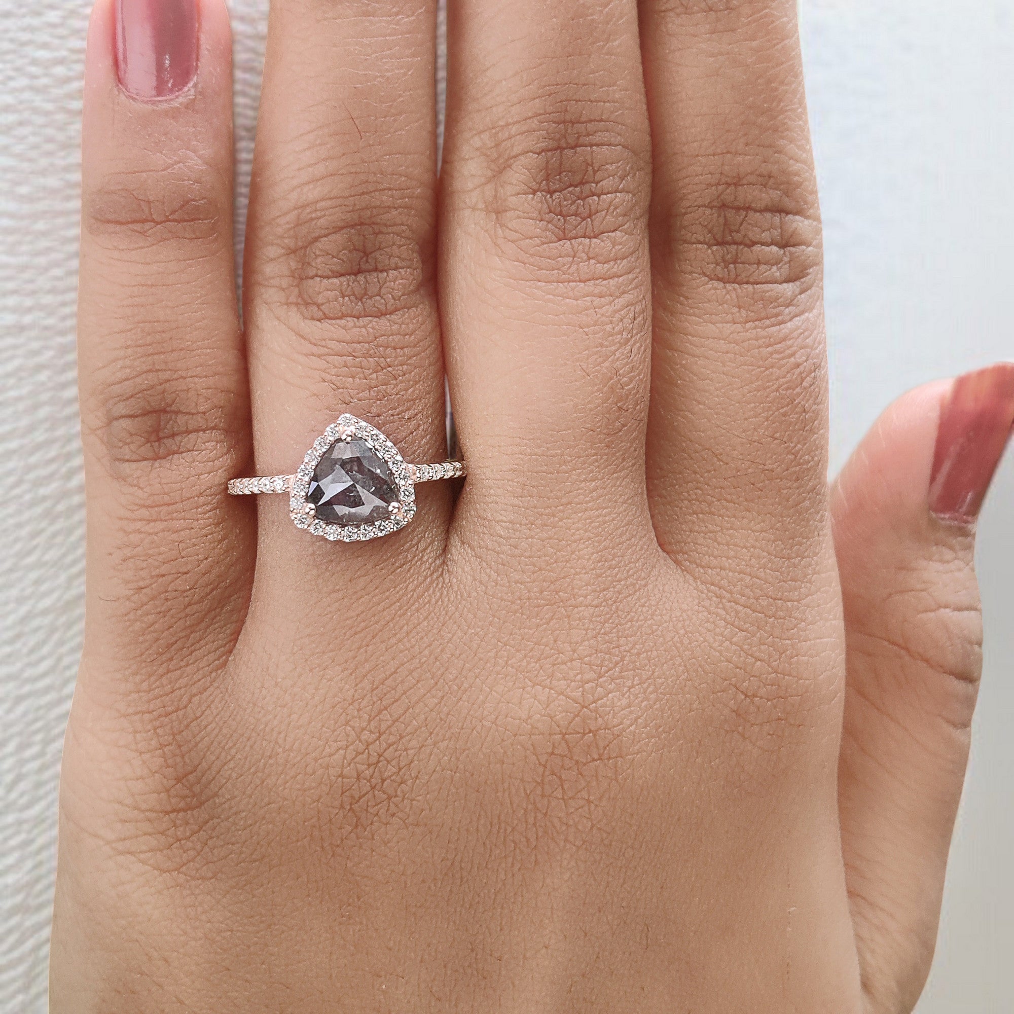 Triangle Salt And Pepper Diamond Ring 1.12 Ct 7.45 MM Triangle Diamond Ring 14K Solid Rose Gold Silver Engagement Ring Gift For Her QL2923