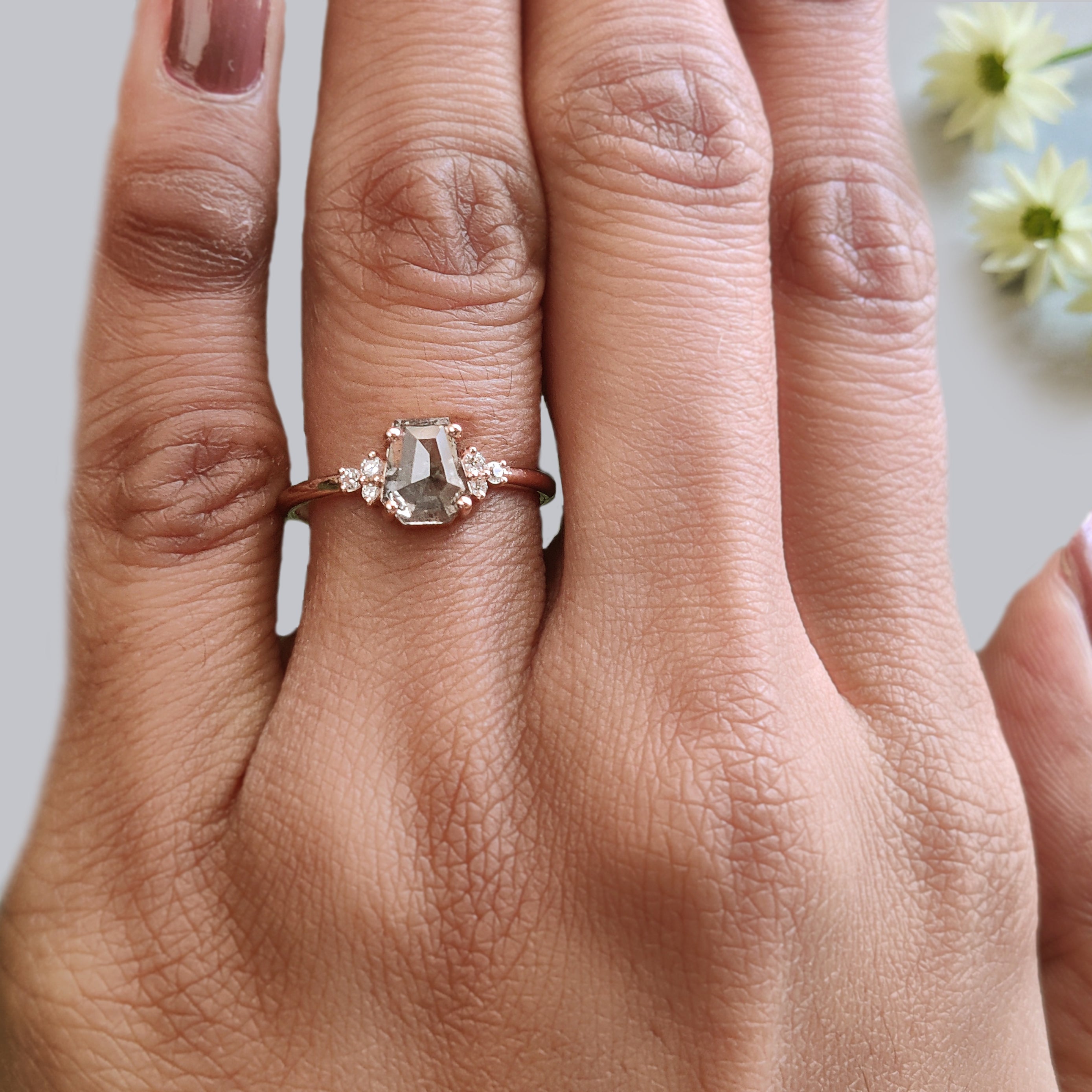 Coffin Cut Salt And Pepper Diamond Ring 1.11 Ct 6.80 MM Coffin Diamond Ring 14K Solid Rose Gold Silver Engagement Ring Gift For Her KDK2178