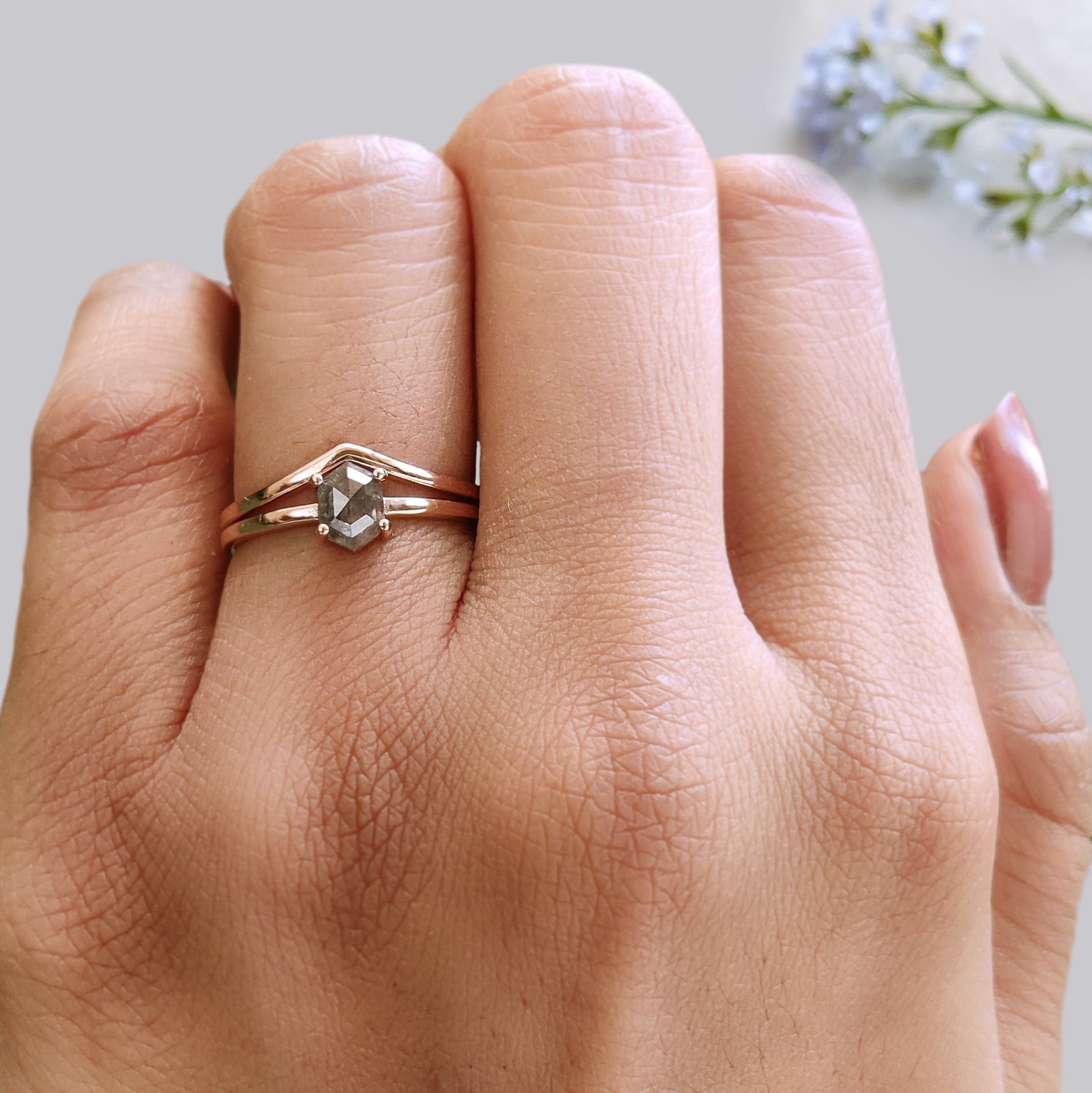 0.74 Ct Natural Hexagon Salt And Pepper Diamond Ring 6.05 MM Hexagon Cut Diamond Ring 14K Solid Rose Gold Silver Engagement Ring Set KDN585
