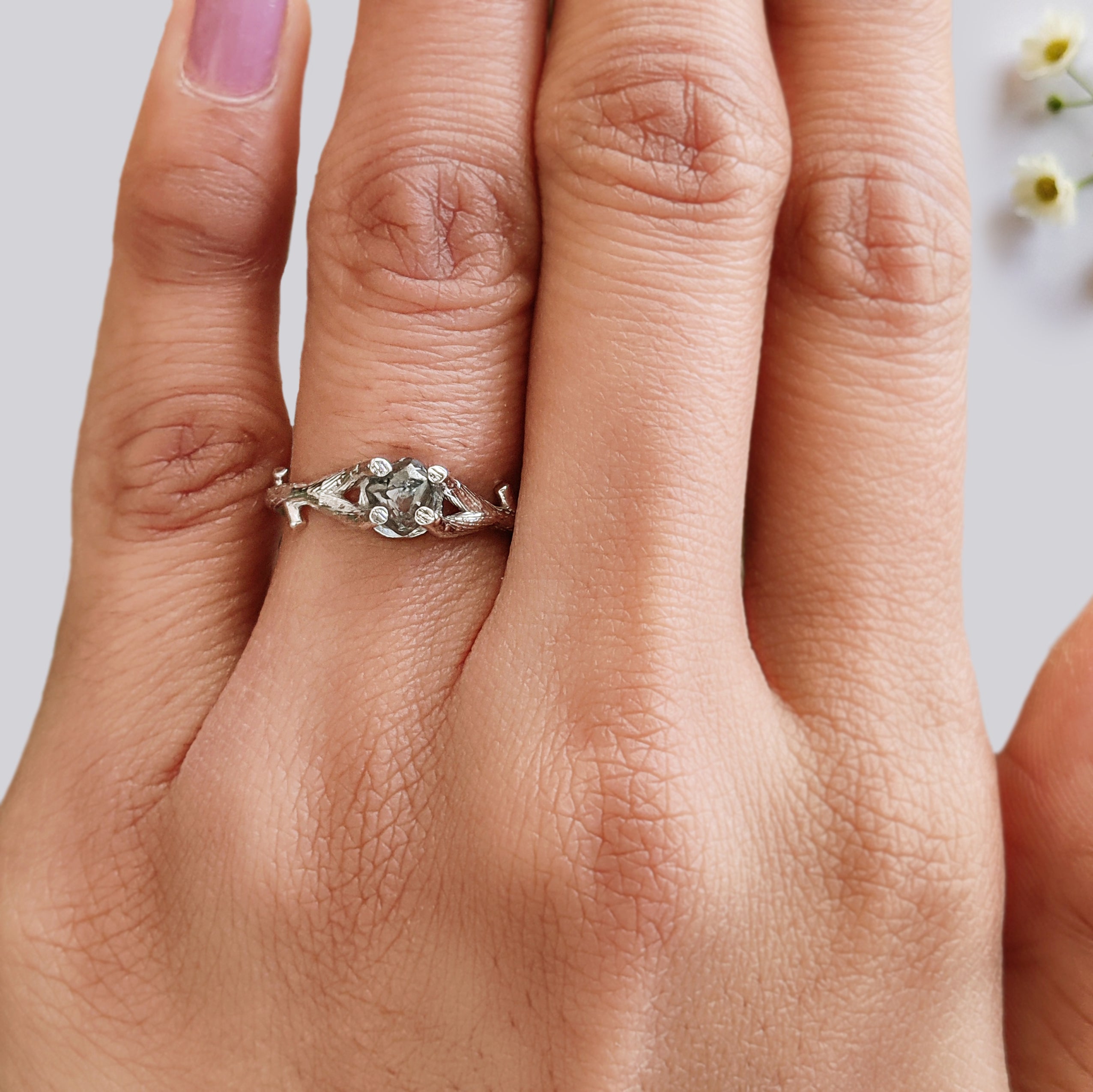 Rough Blue Color Diamond Ring 0.94 Ct 5.73 MM Crystal Rough Diamond Ring 14K Solid White Gold Silver Engagement Ring Gift For Her QL2360