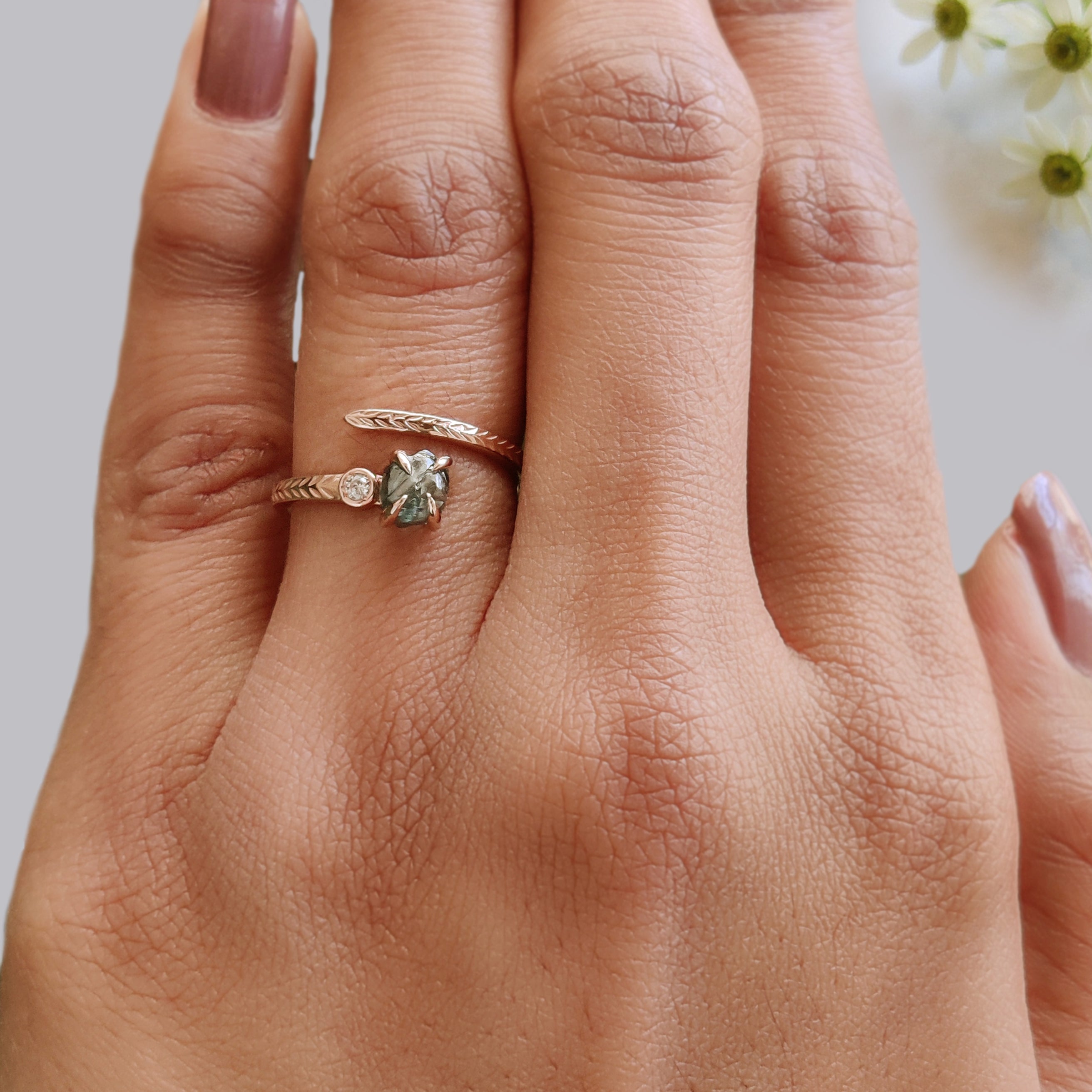 0.97 Ct Natural Rough Cut Blue Color Diamond Ring 5.63 MM Crystal Rough Diamond Ring 14K Solid Rose Gold Silver Engagement Ring KDL2347