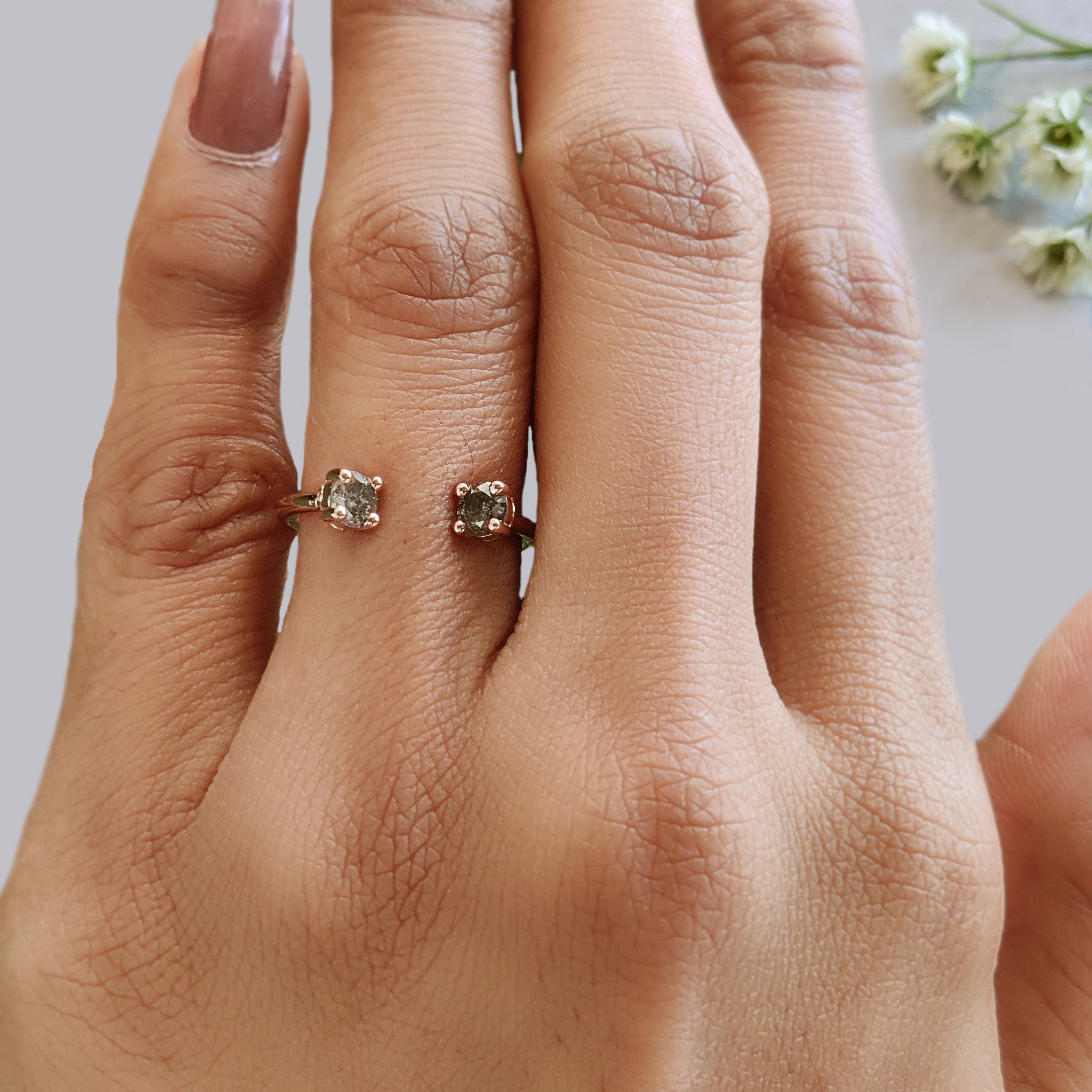 0.40 Ct Natural Round Salt And Pepper Diamond Ring 3.70 MM Open Gap Round Diamond Ring 14K Solid Rose Gold Silver Engagement Ring KDL1062