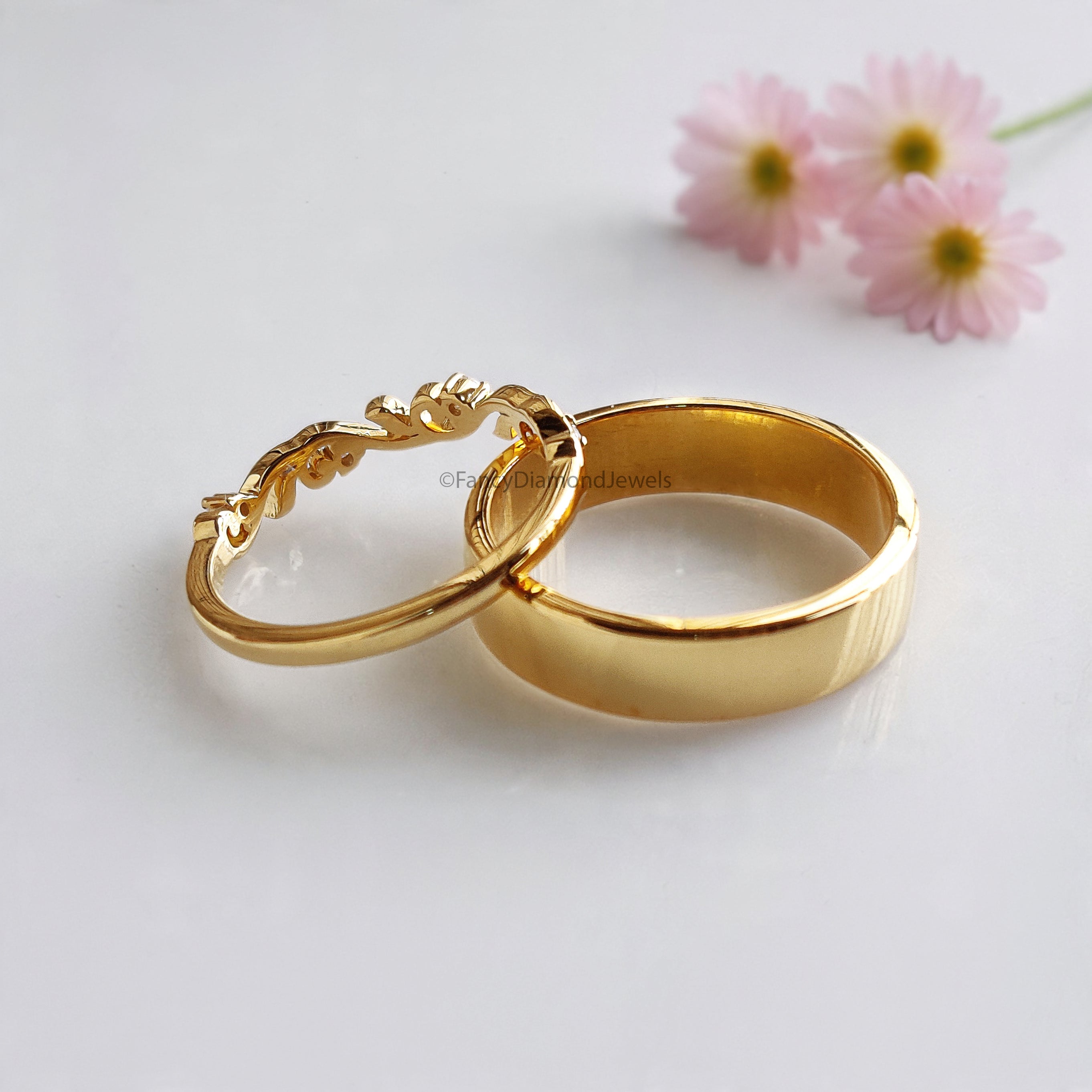Elegant Silver Wedding Ring Set with Sparkling Diamonds for Couples Wedding Band Set Natural Style Flower & Leaf Wedding Ring Set FD524