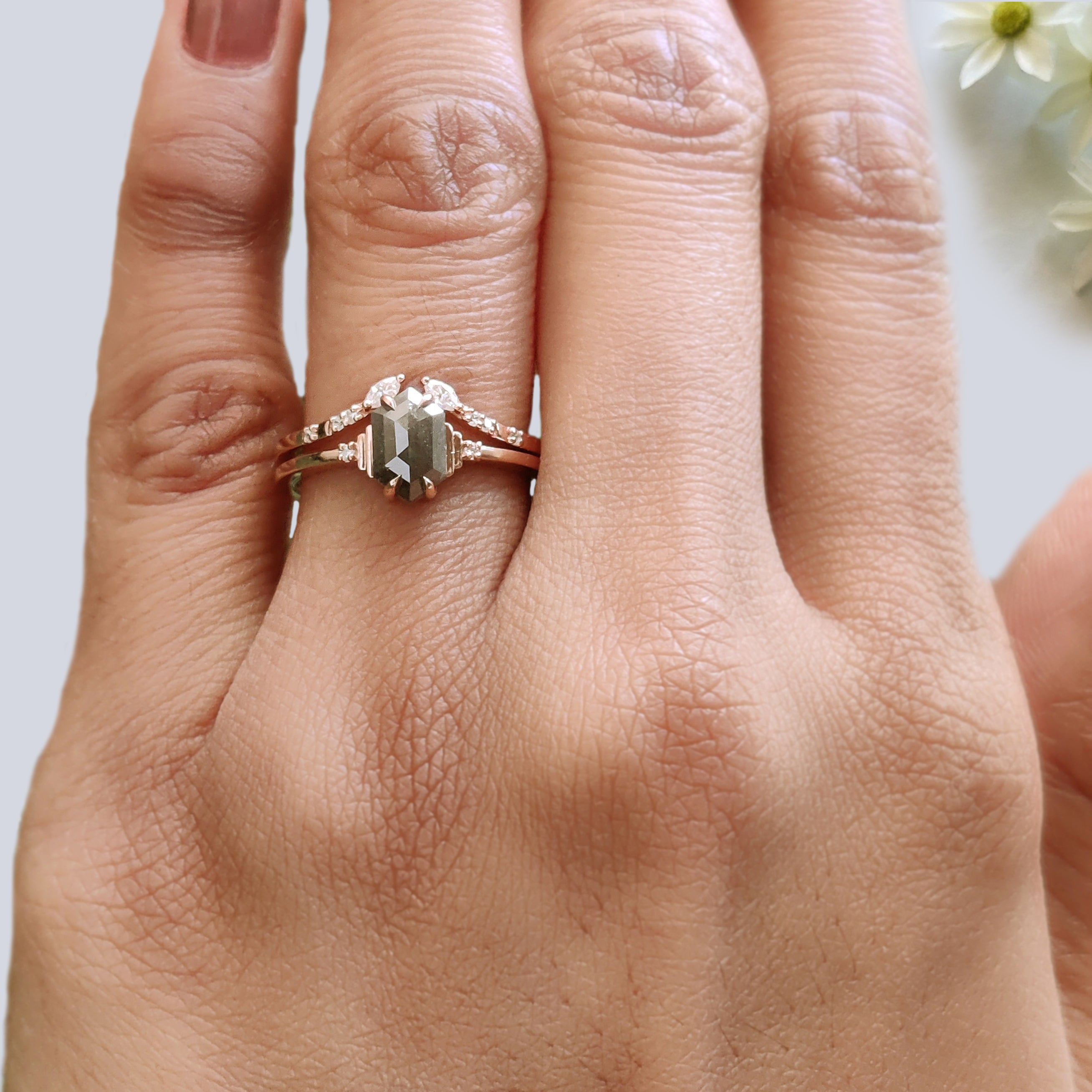 1.06 Ct Natural Hexagon Salt And Pepper Diamond Ring 7.70 MM Hexagon Cut Diamond Ring 14K Solid Rose Gold Silver Engagement Ring Set KDN7118