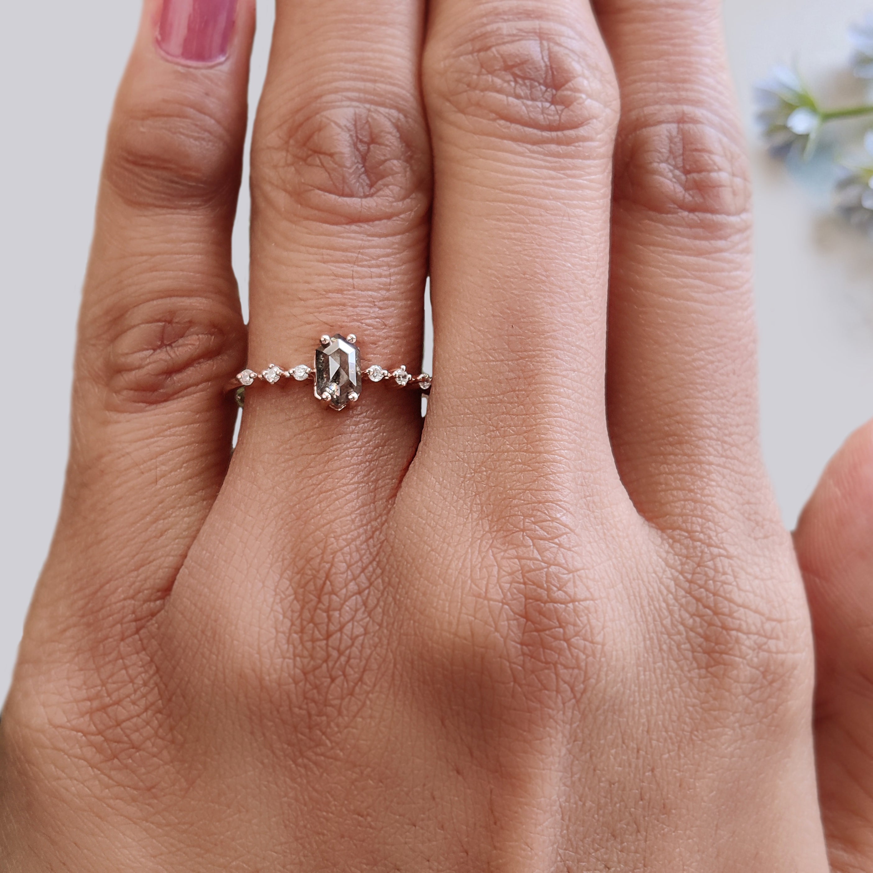 Hexagon Cut Salt And Pepper Diamond Ring 0.48 Ct 6.38 MM Hexagon Cut Diamond Ring 14K Rose Gold Silver Engagement Ring Gift For Her KDL2472