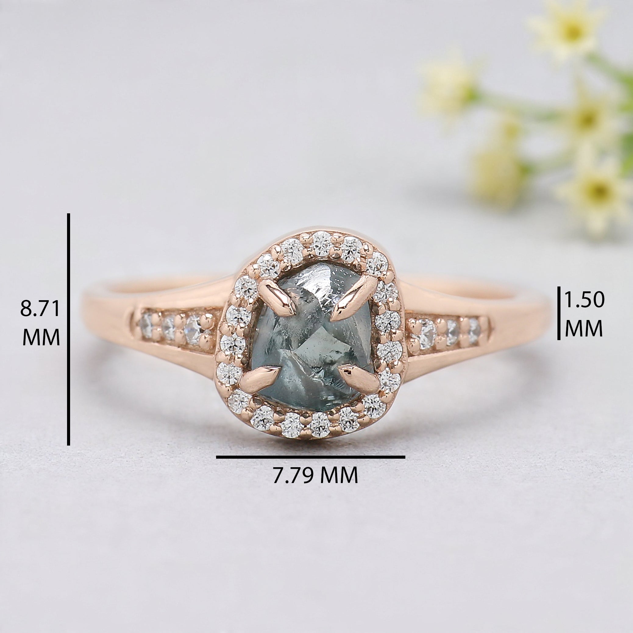 Rough Blue Color Diamond Ring 1.12 Ct 6.12 MM Crystal Rough Diamond Ring 14K Solid Rose Gold Silver Engagement Ring Gift For Her QL2319