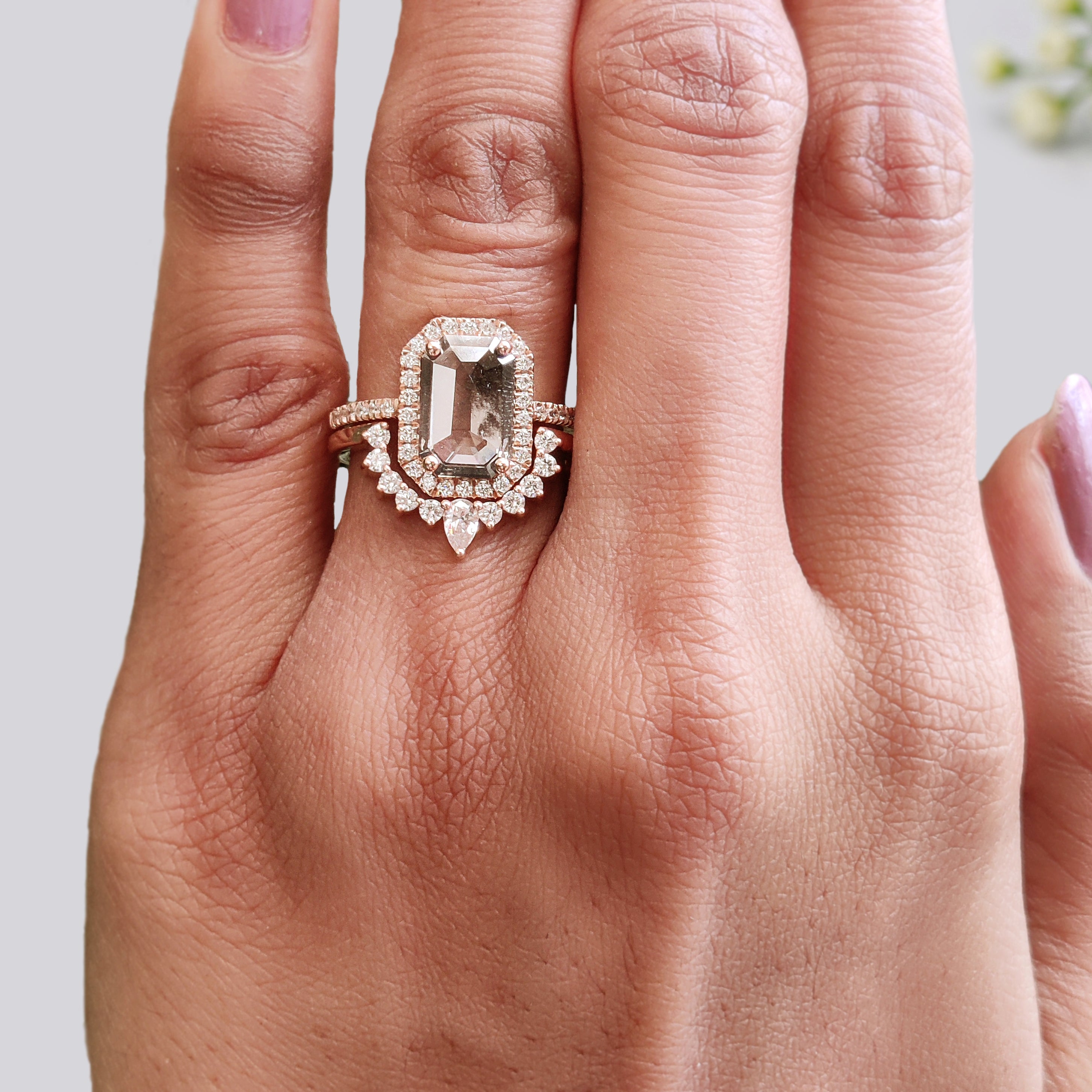 1.70 CT Emerald Lab Grown Diamond Ring Emerald Fancy Black Grey Salt And Pepper Diamond Ring Engagement Ring Bridal Wedding Ring Set KDL3522