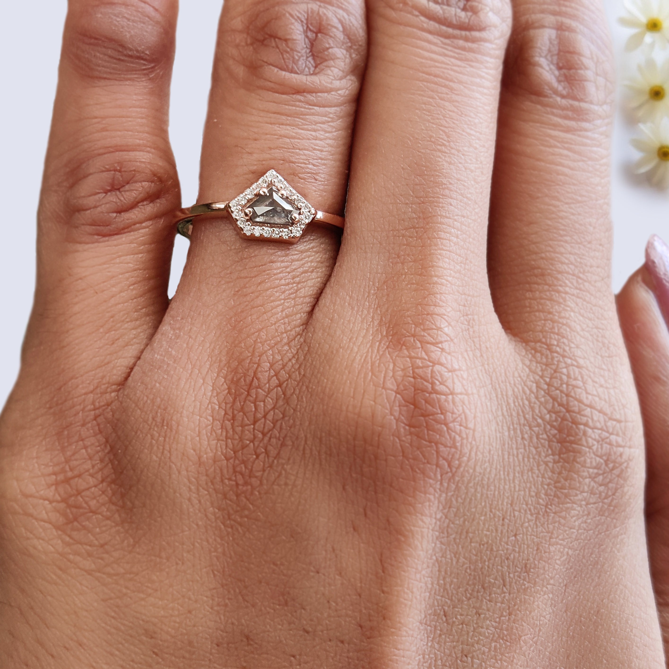 Shield salt and pepper Diamond Ring, Salt and pepper Shield Diamond Engagement Ring, Shield Diamond Ring, Halo Ring, Shield Ring, KD1122